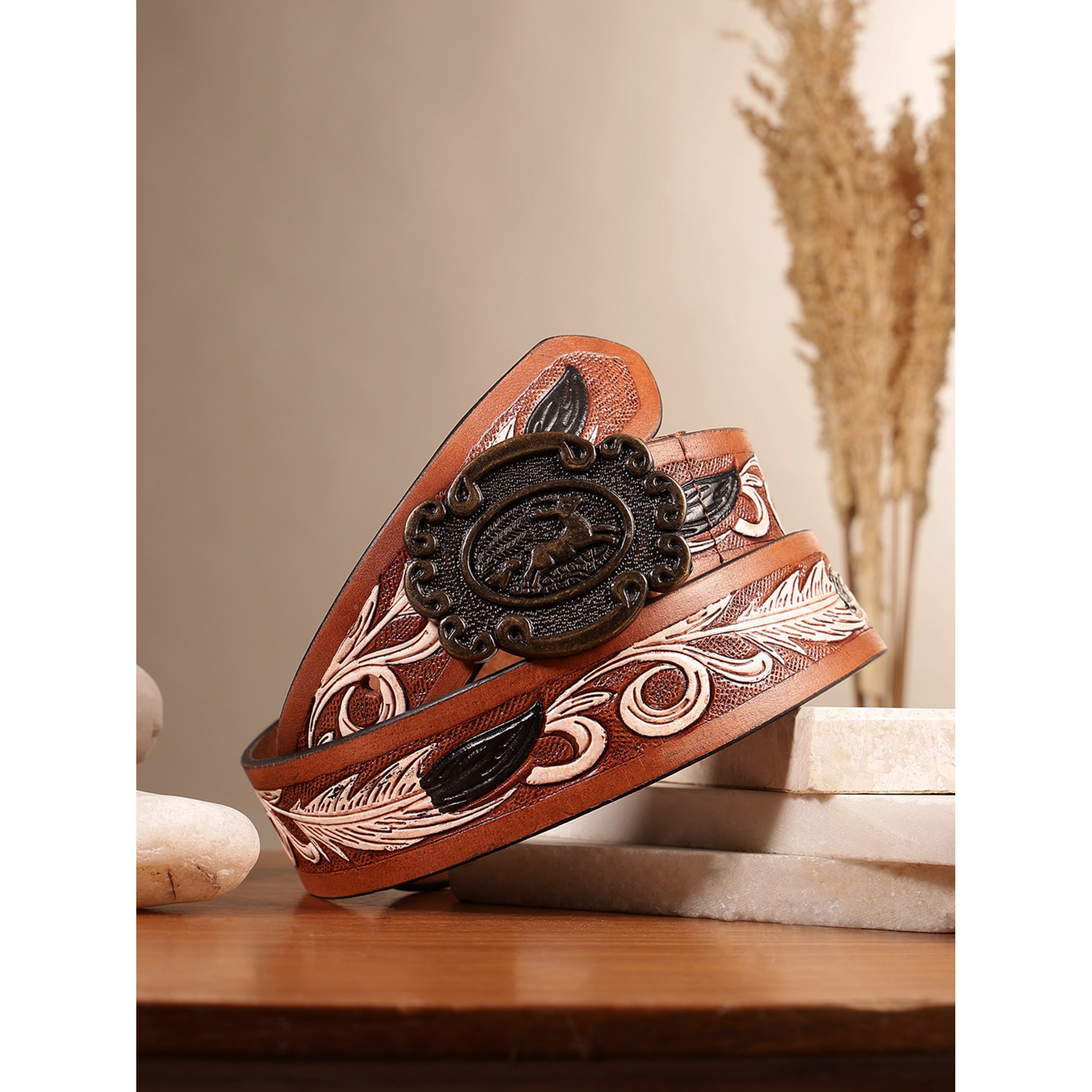 Unisex Genuine Leather Western Brown Embossed Floral Waist Accessory Antique Buckle