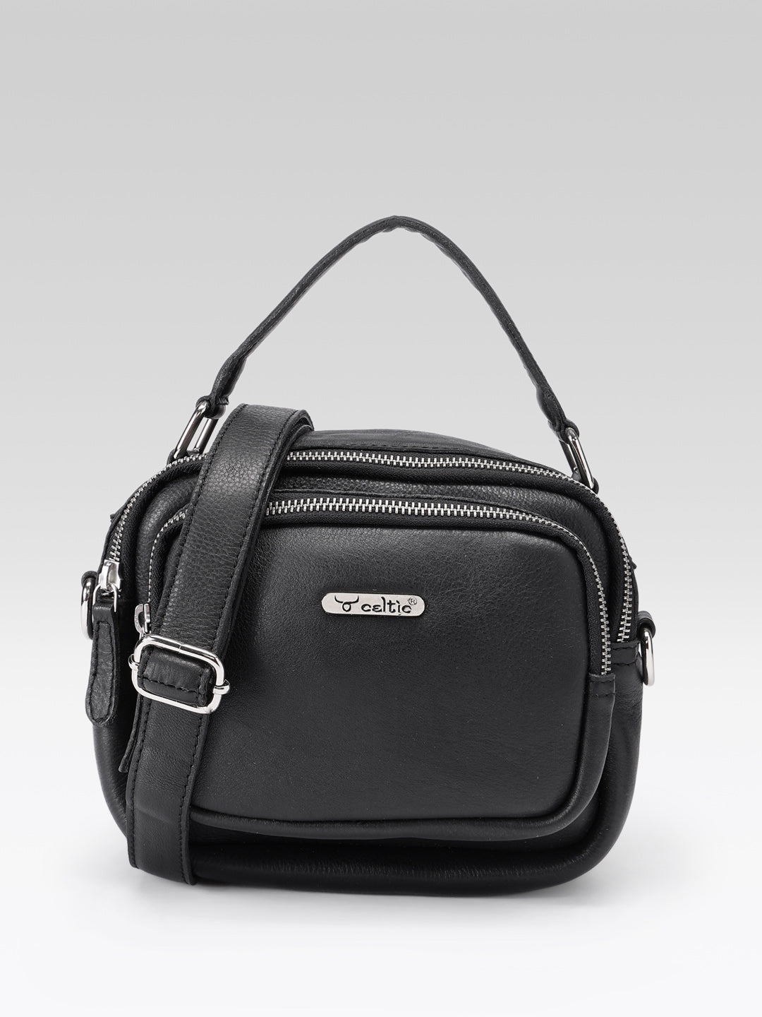 Premium Genuine Leather Crossbody Bag with Dual Zip Pockets & Strap