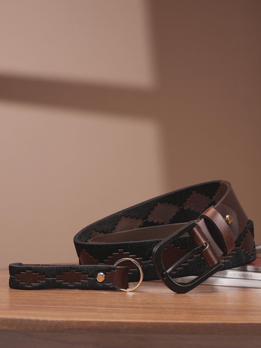Unisex Handcrafted Leather Fabric Belt With Geometric Pattern Matte Black Buckle.