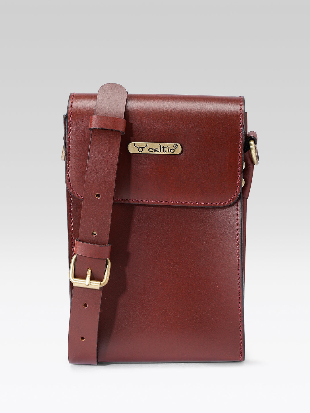 Celtic Genuine Leather Crossbody Phone Pouch with Magnetic Flap