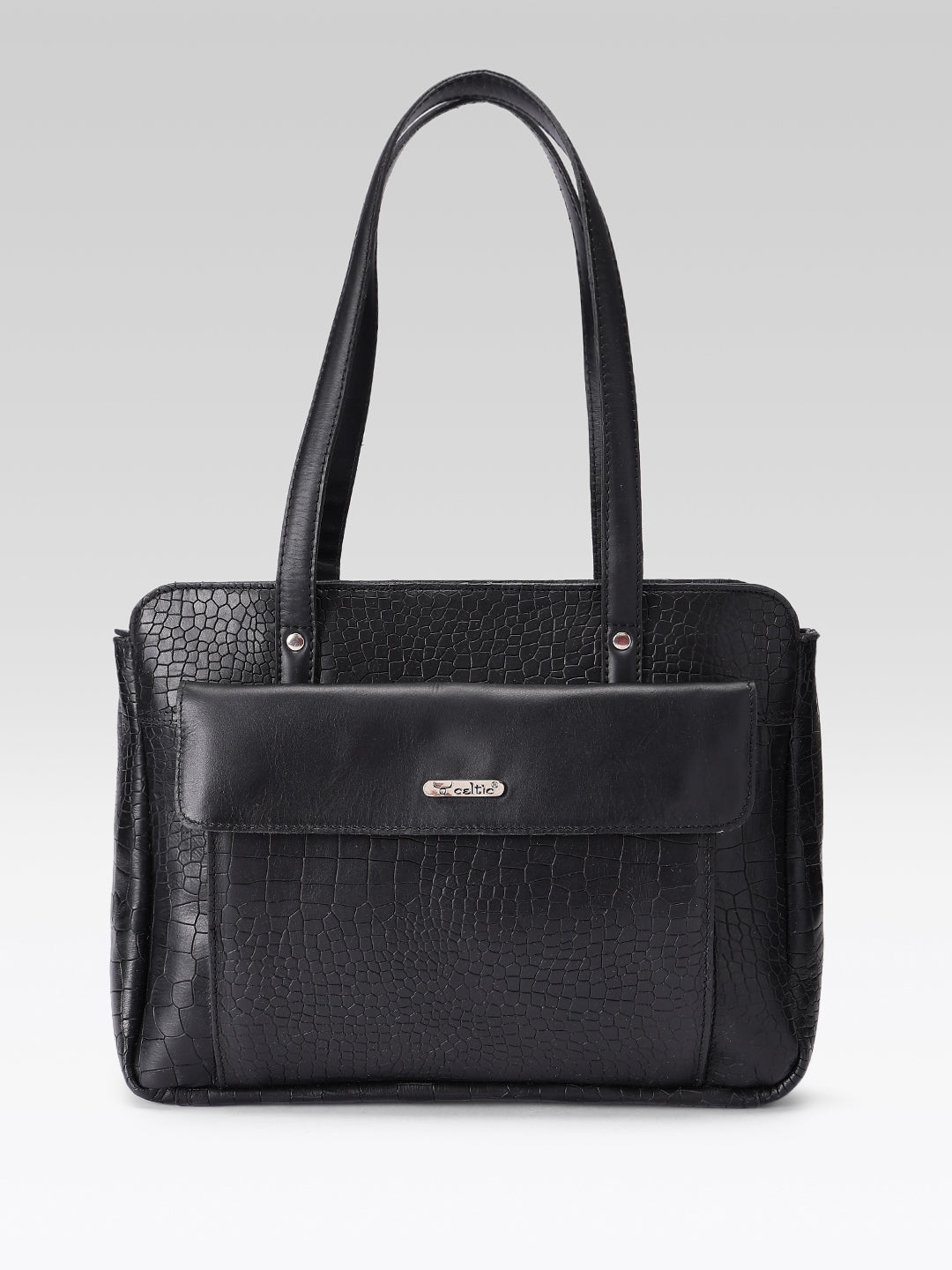 Premium Genuine Croc-Embossed Leather Tote Bag with Zip Compartments & Long Shoulder Straps