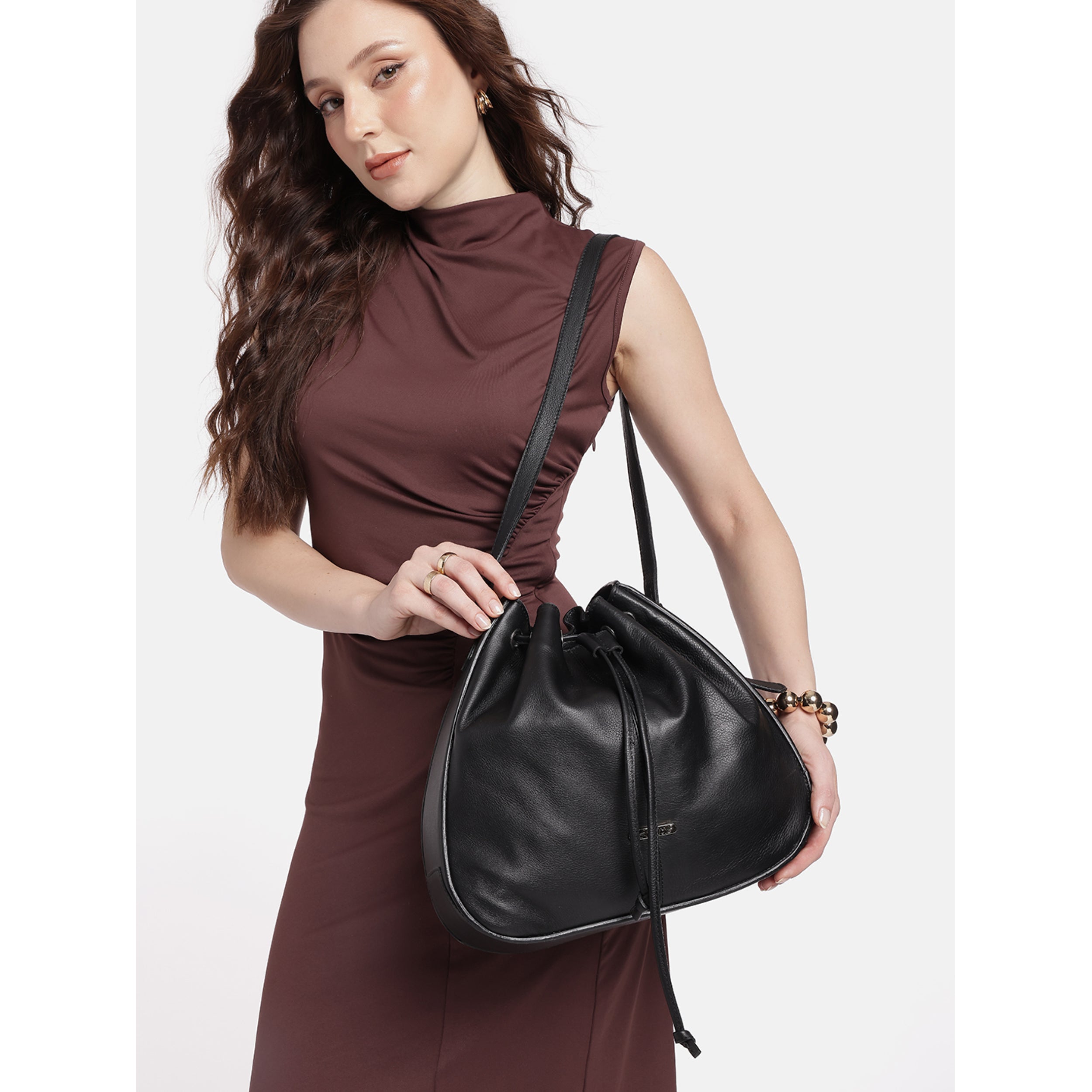 Premium Genuine Leather Drawstring Shoulder Bag | Spacious Tote with Secure Closure