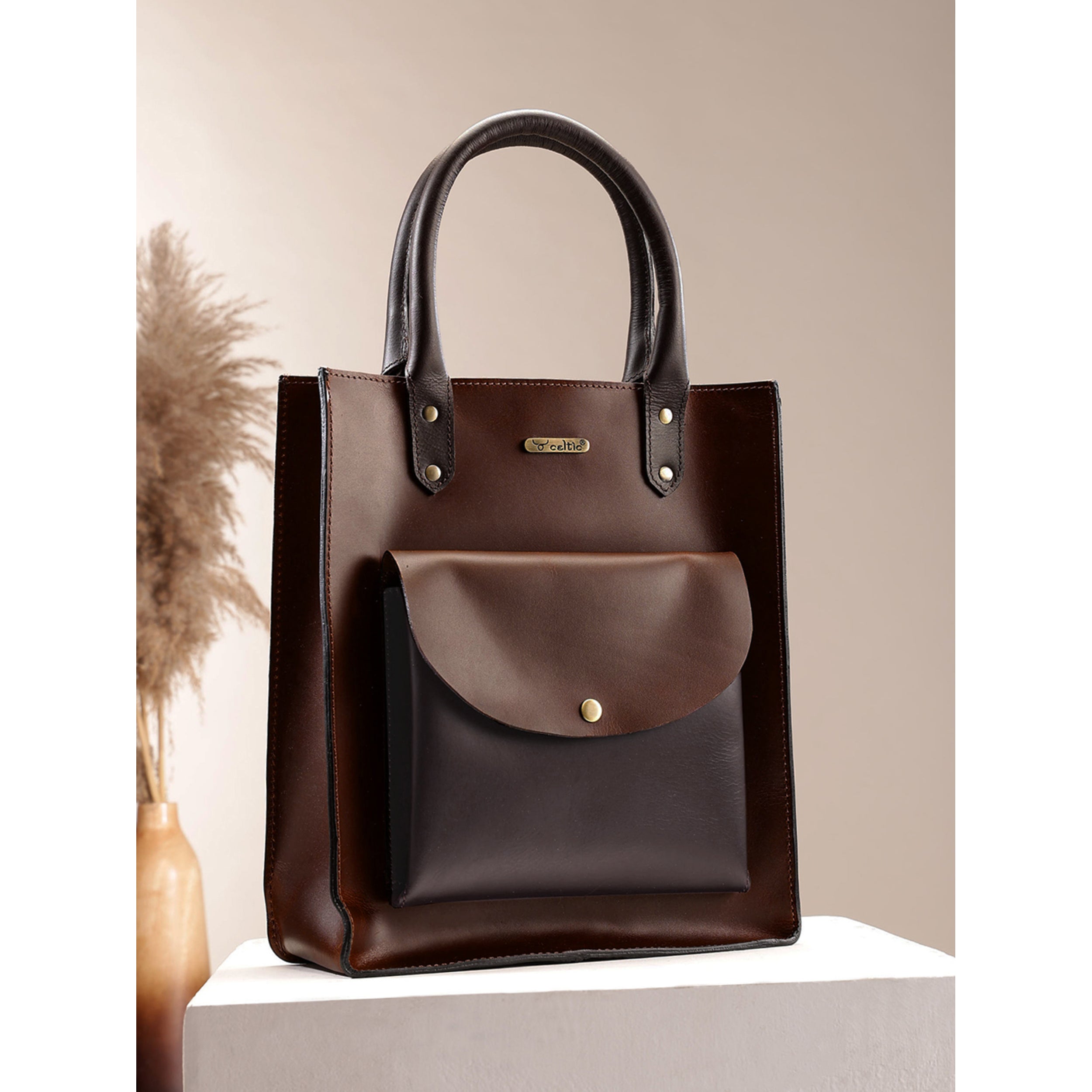 Premium Genuine Leather Shopper Tote Bag with Front Pocket and Dual Handles