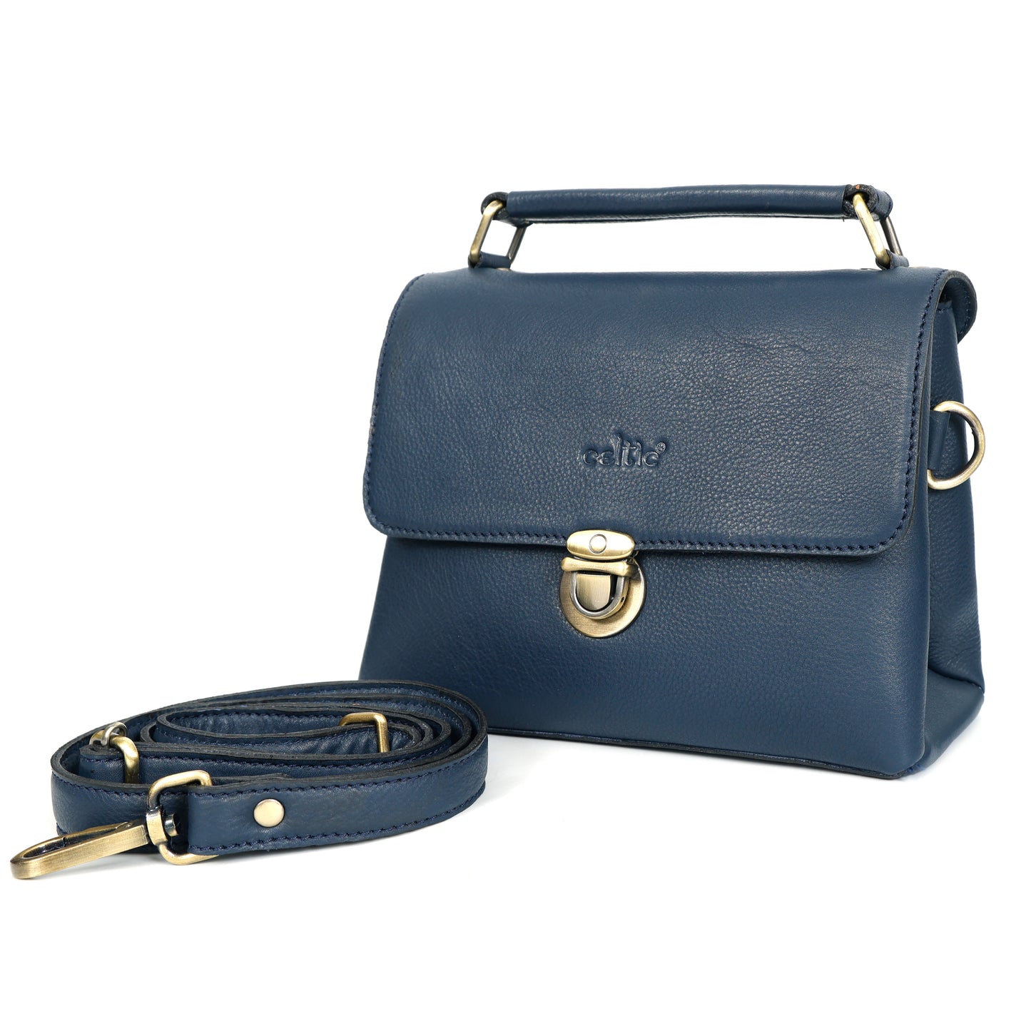 Premium Leather Structured Box Satchel with Detachable Strap – Blue,Brown & Green