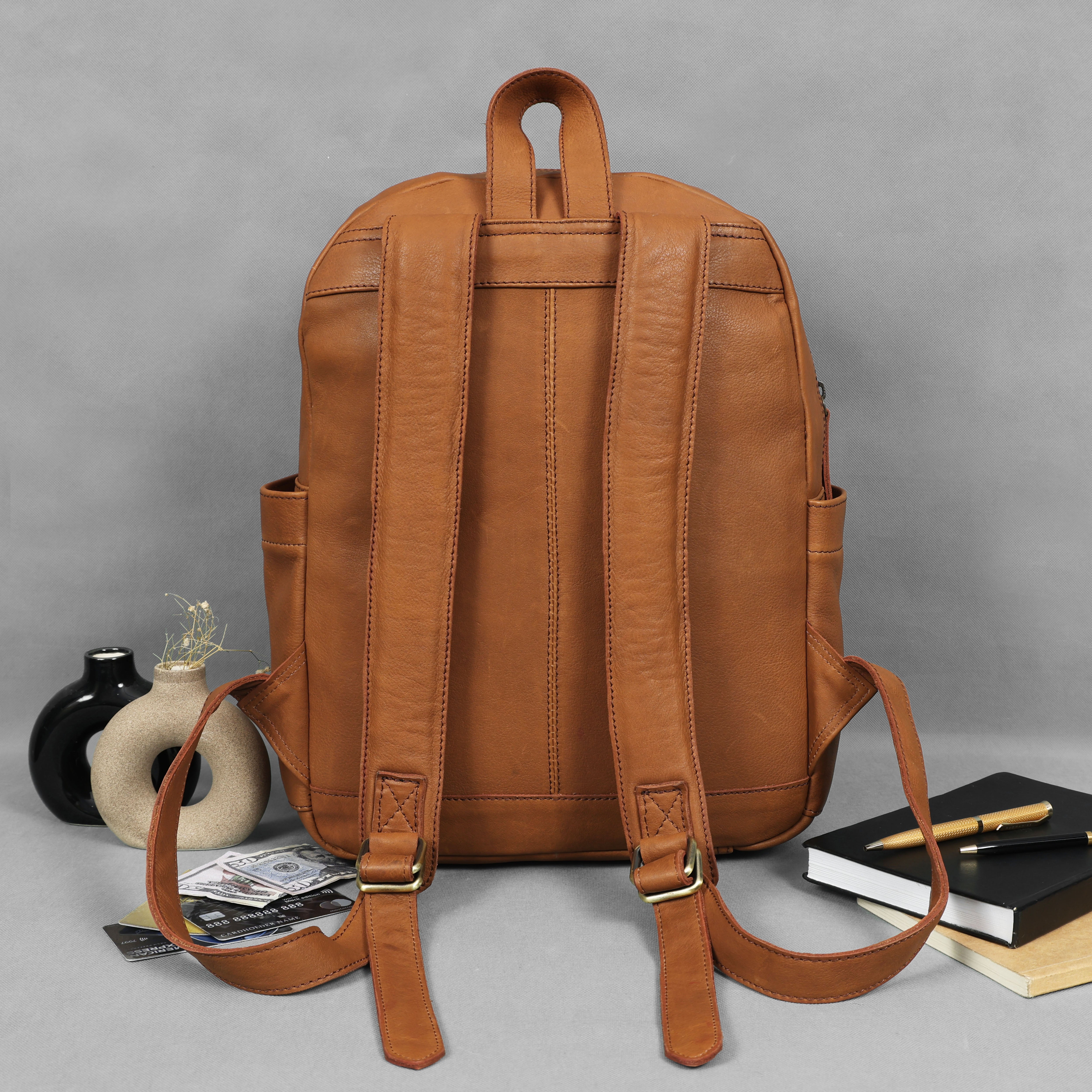 Premium Genuine Tan Leather Backpack with Multi Zip Pockets & Adjustable Straps