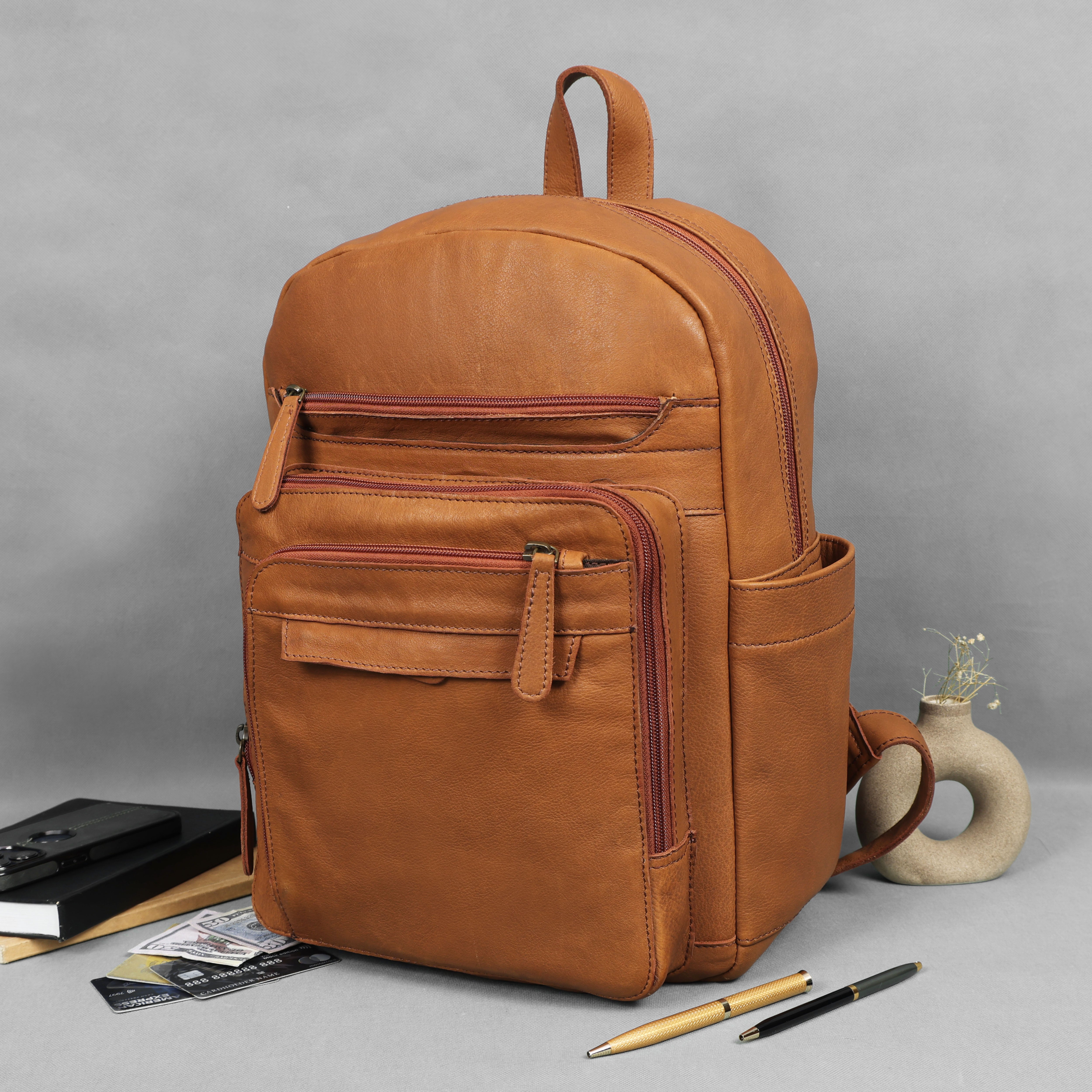 Premium Genuine Tan Leather Backpack with Multi Zip Pockets & Adjustable Straps
