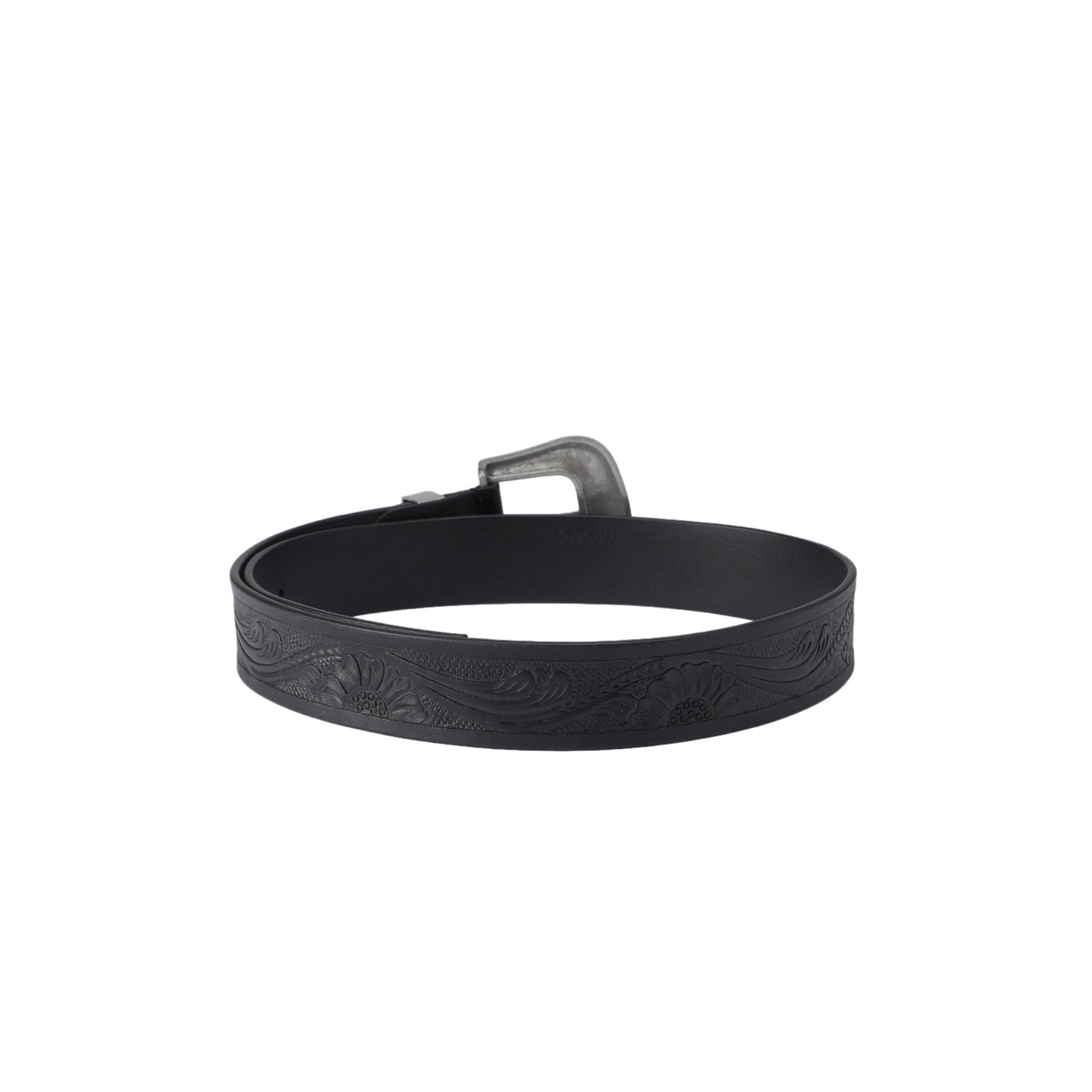 Genuine Leather Embossed Black Western Waist Accessory Ornate Buckle Tip