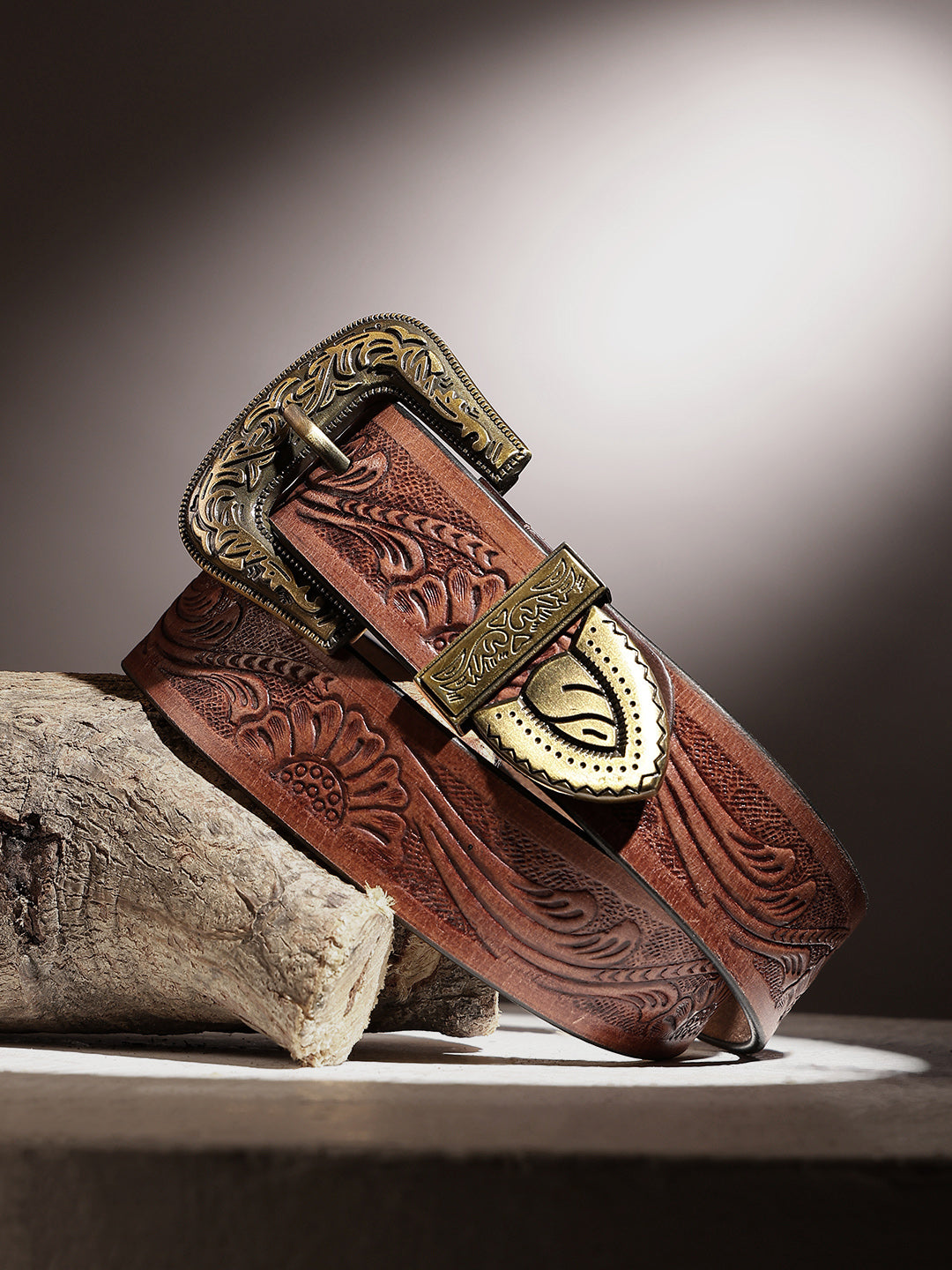 Genuine Leather Embossed  Western Waist Accessory Ornate Buckle Tip
