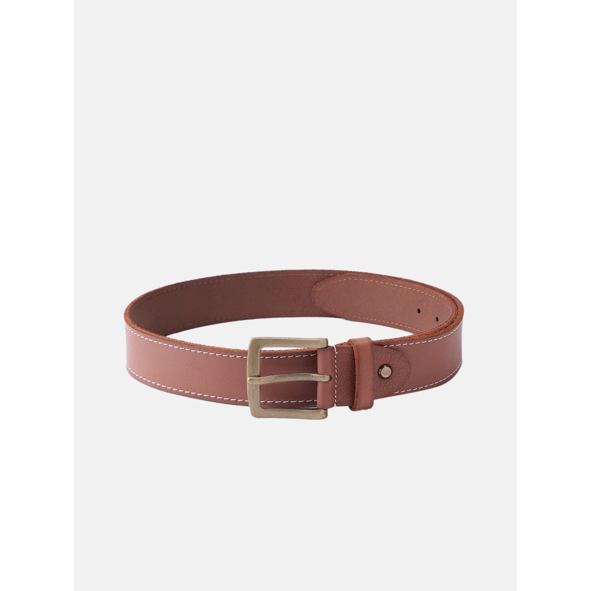 Women Genuine Leather Tan Belt Silver Buckle Contrast Stitching Casual Formal