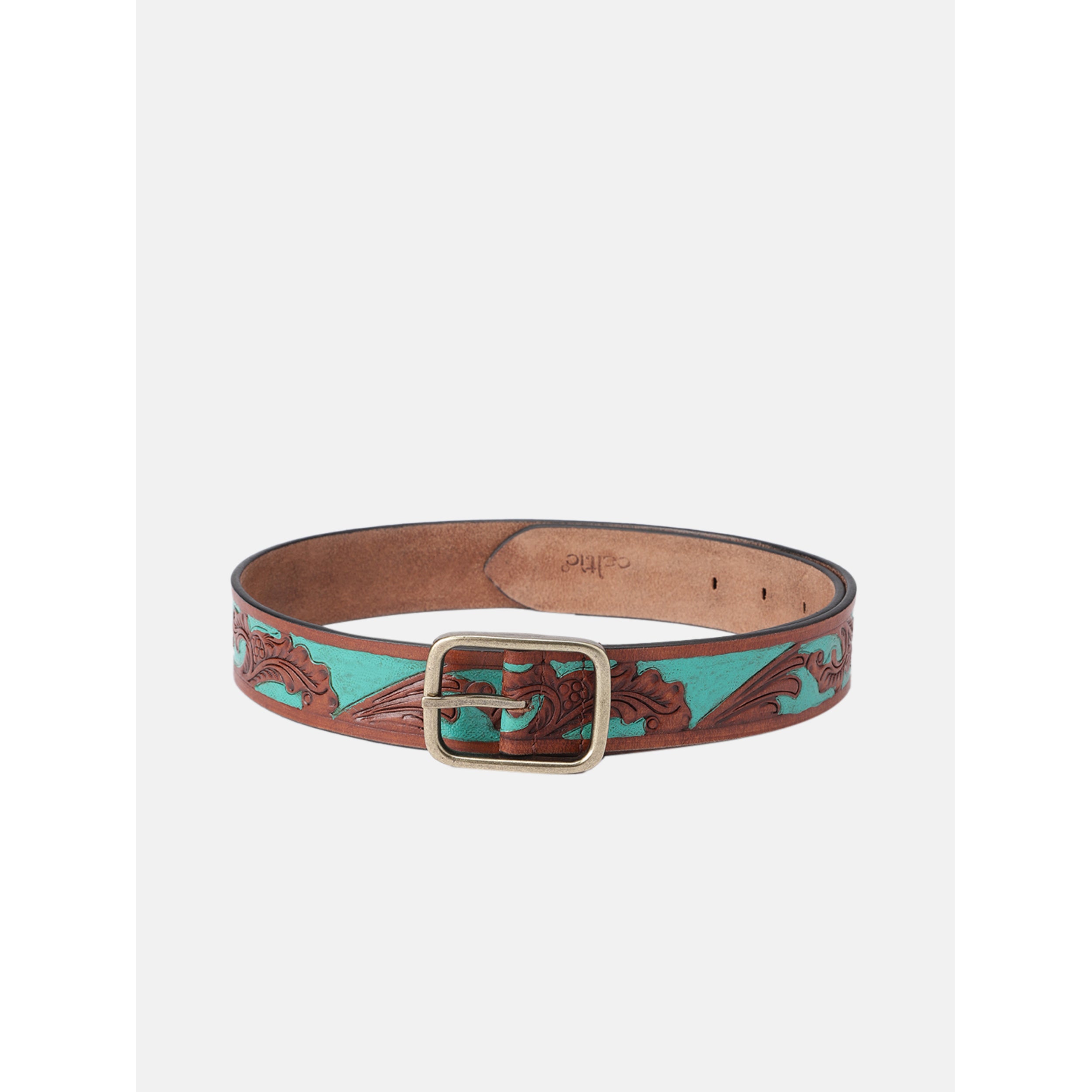Genuine Leather Embossed Floral Brown Teal Waist Accessory Antique Metal Buckle