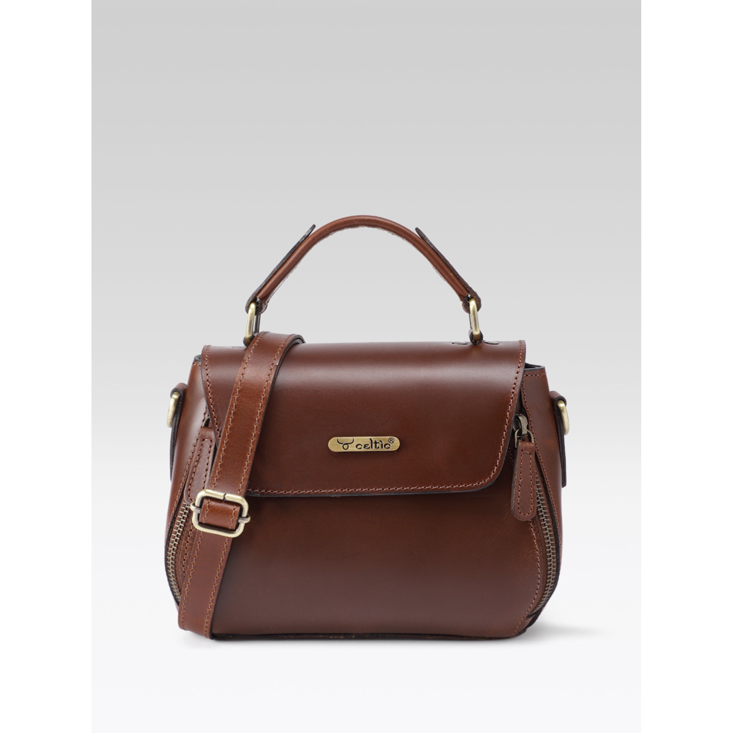Premium Genuine Leather Top-Handle Handbag with Flap Closure & Zip Compartments