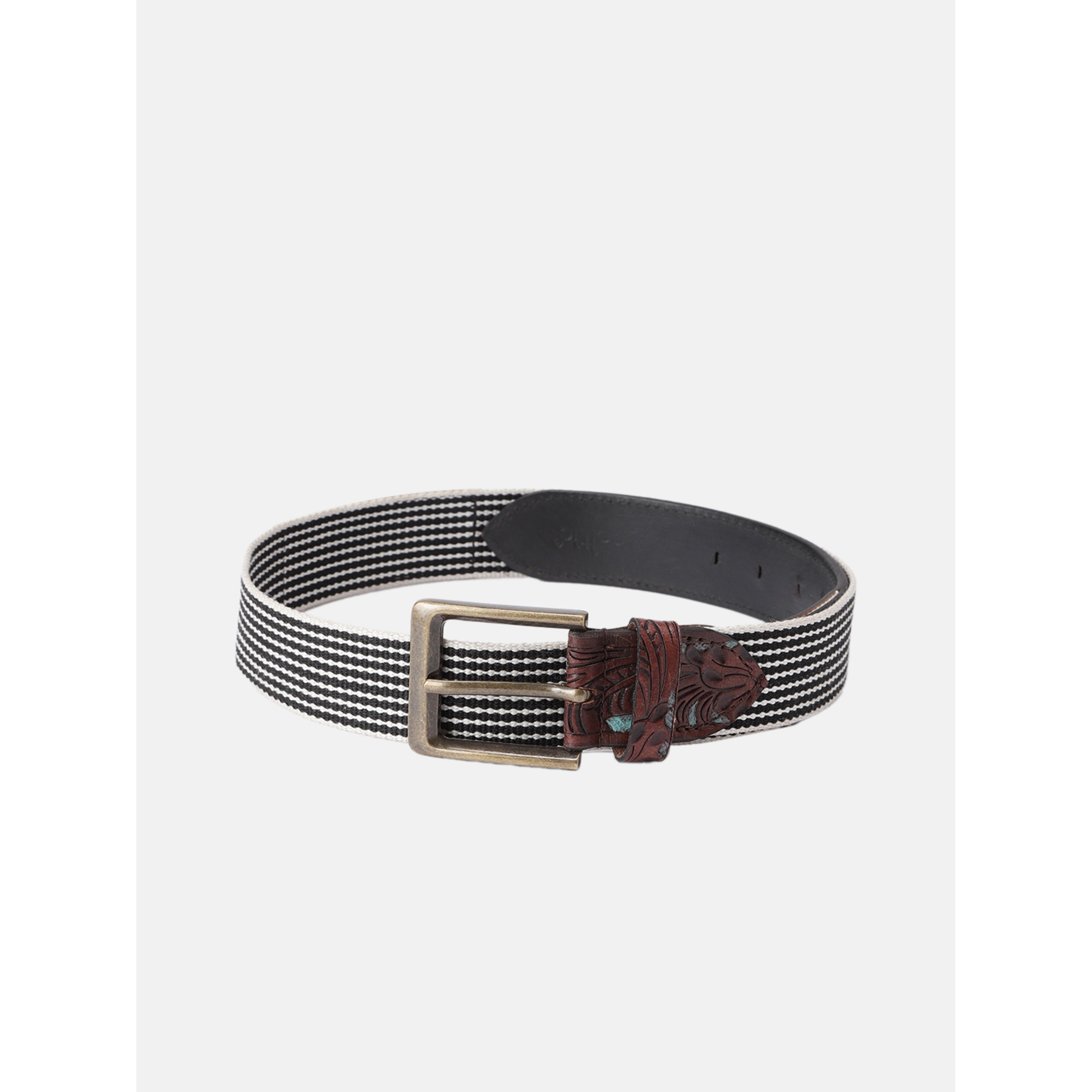 Unisex Genuine Leather Floral Embossed Brown Teal Elastic Waist Accessory Antique Buckle