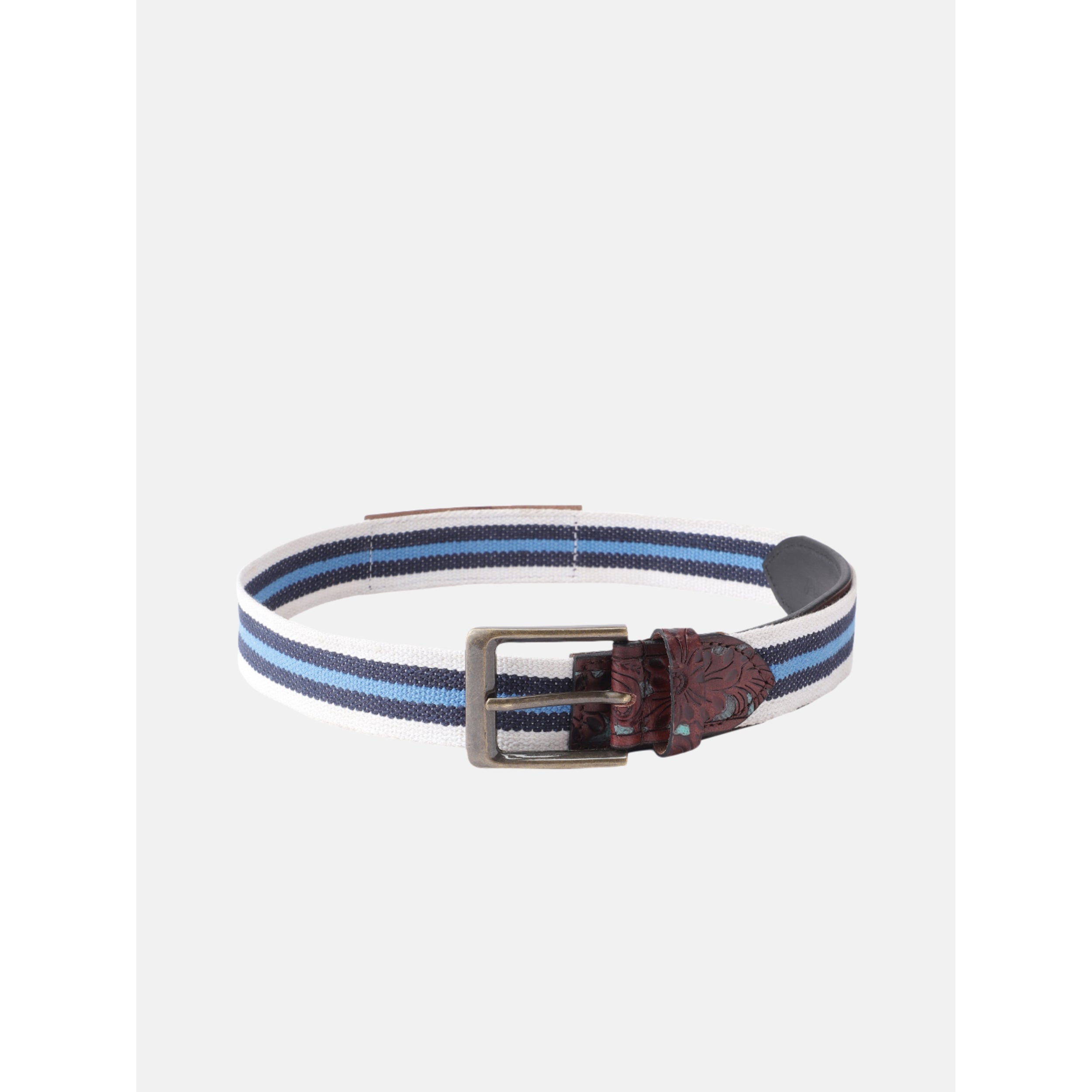 Unisex Genuine Leather Floral Embossed Canvas Blue White Waist Accessory Brass Buckle