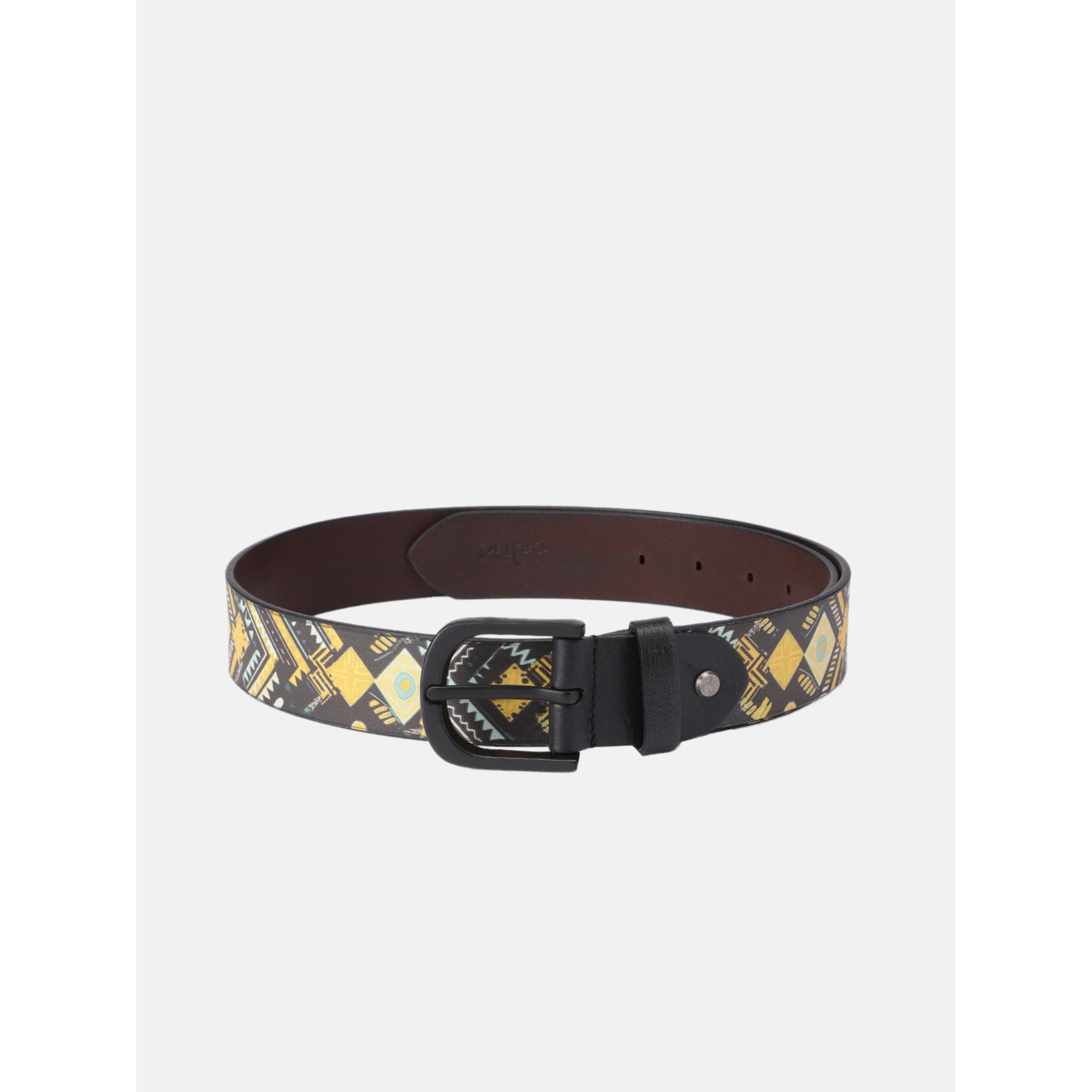 Unisex Genuine Leather Tribal Geometric Yellow Black Waist Accessory Matte Buckle