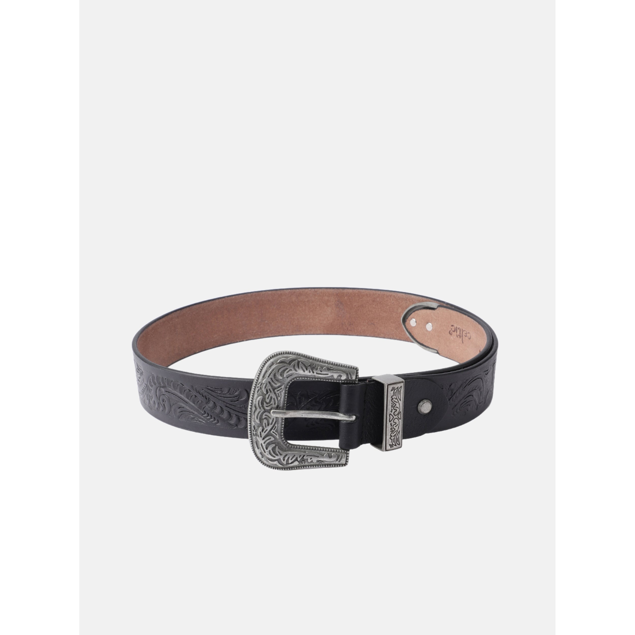 Men Genuine Leather Embossed Black Western Waist Accessory Ornate Buckle Tip
