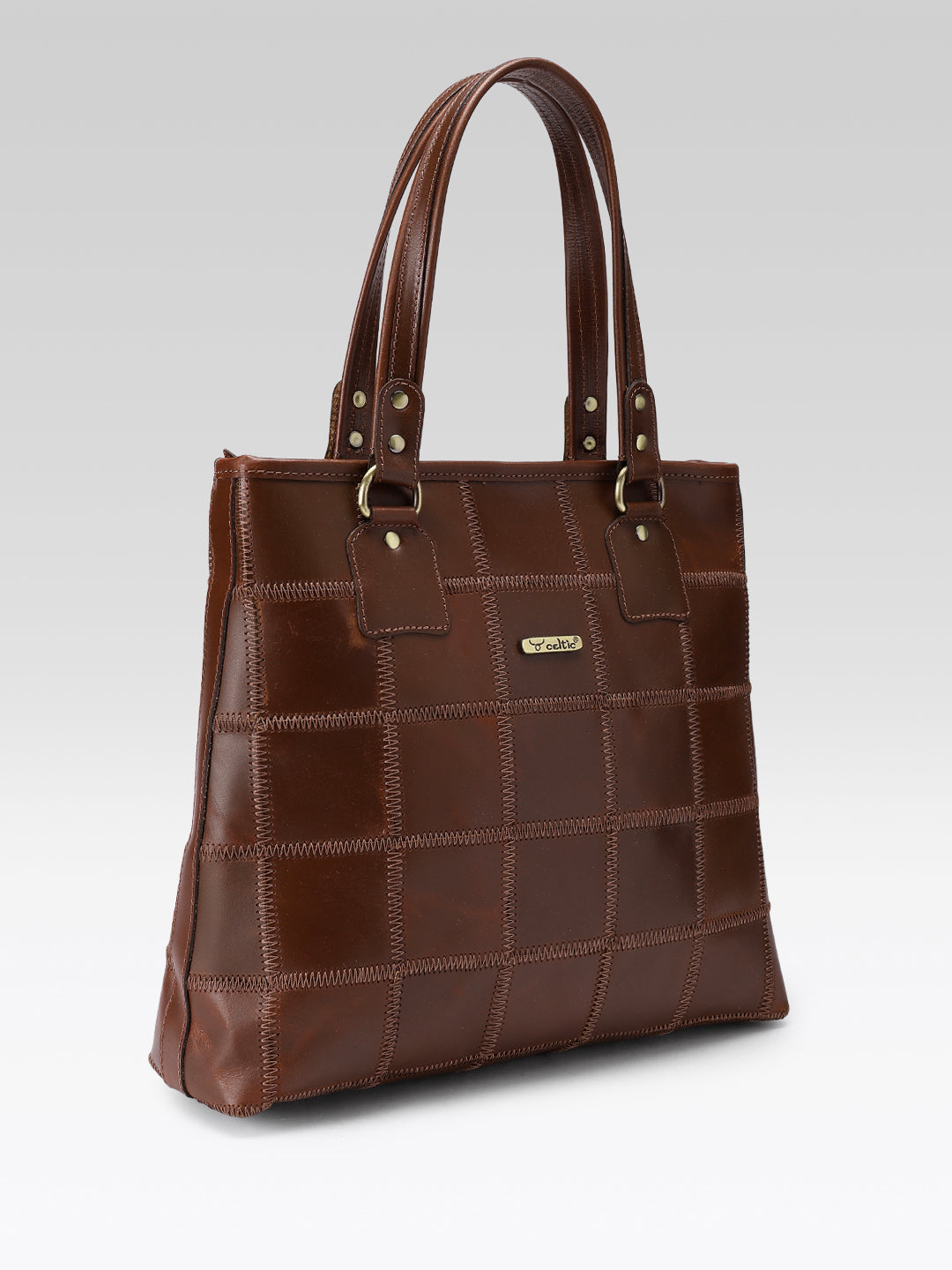 Genuine Leather Brown Tote Bag with Patchwork Design and Top Zip Closure