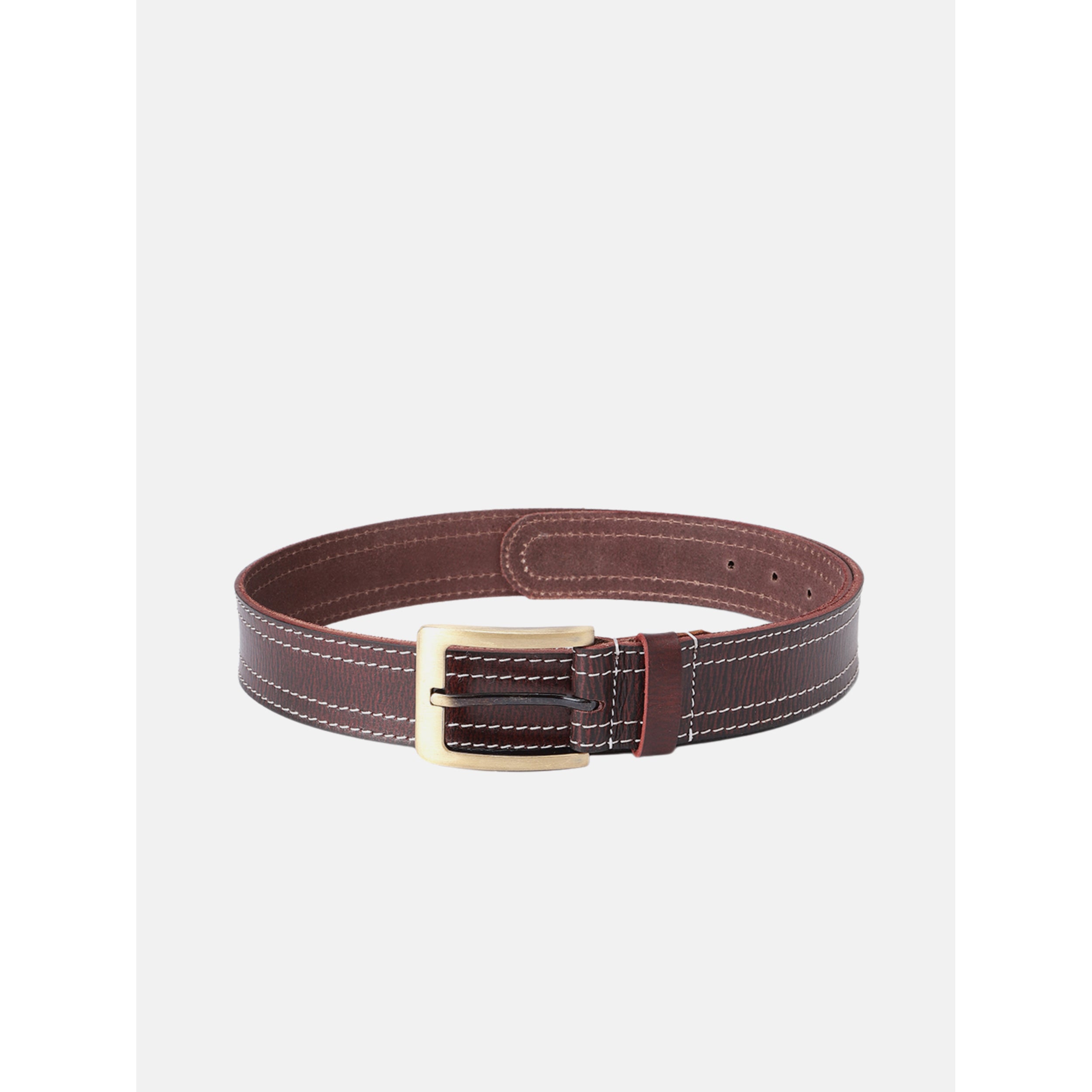 Unisex Genuine Leather Maroon Belt With  Contrast Stitching and  Brass Buckle