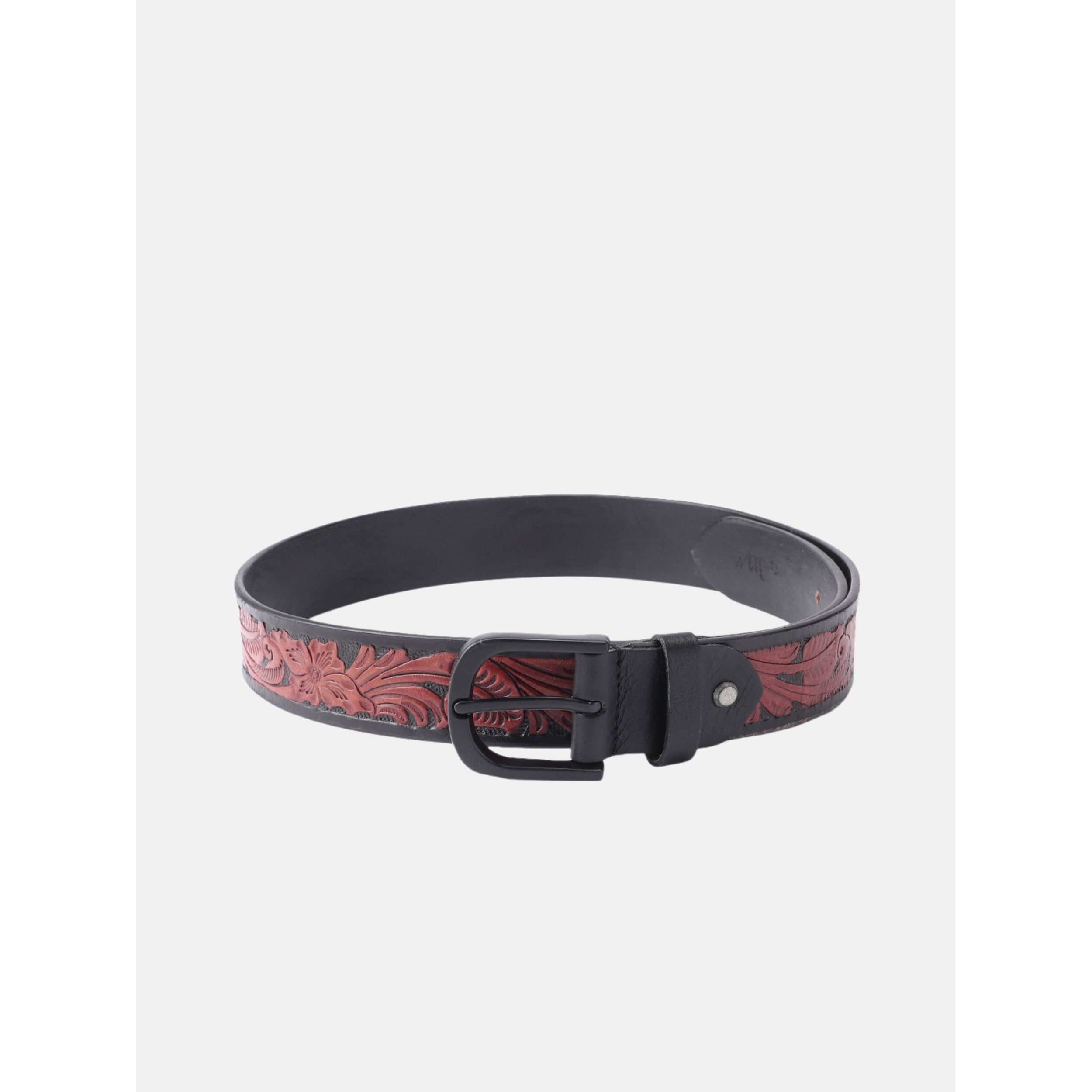 Unisex Handcrafted Floral Embossed Leather Belt With Matte Black Buckle For Casual Wear