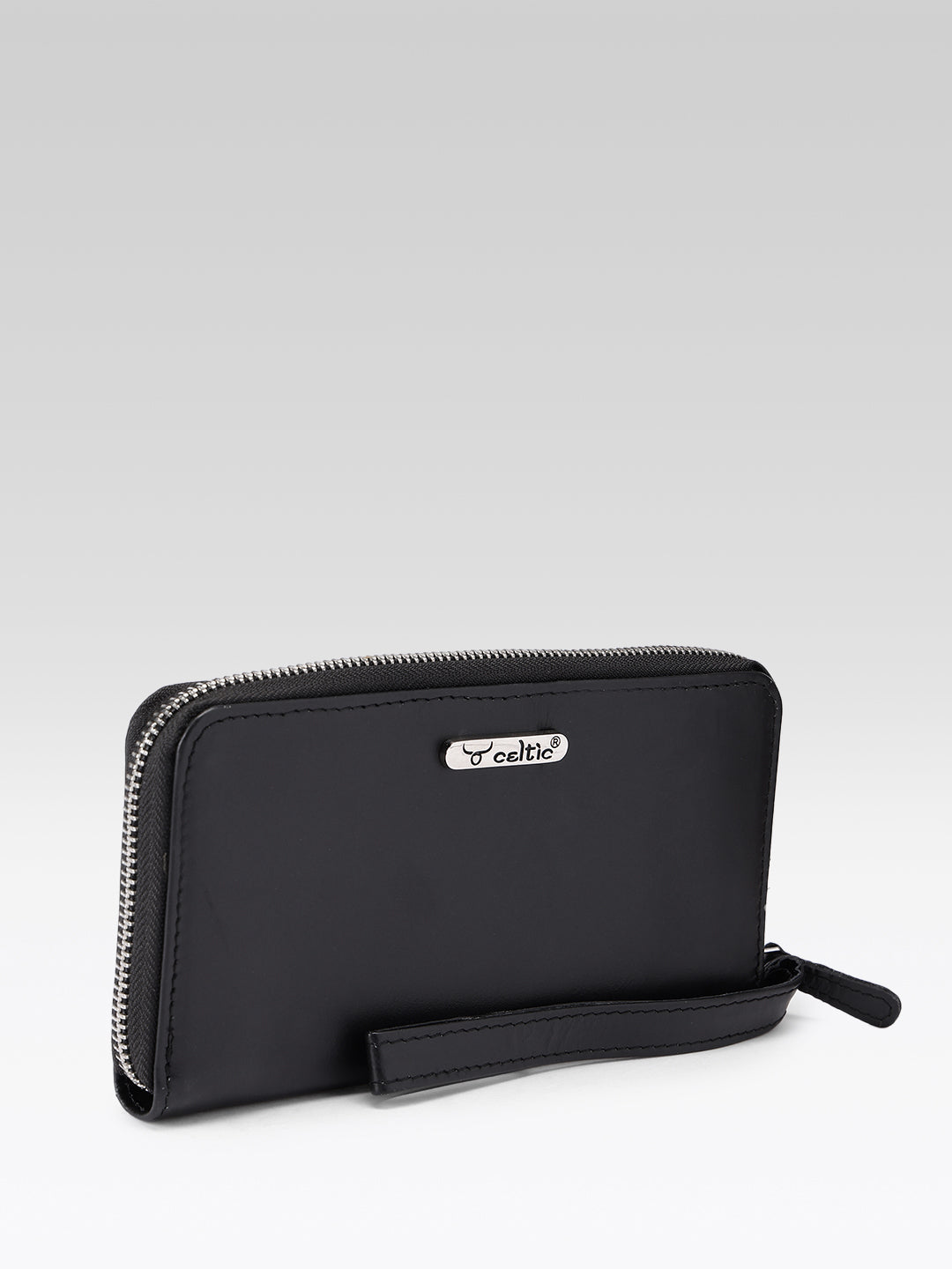 Premium Black Leather Zip-Around Wallet with Wrist Stra