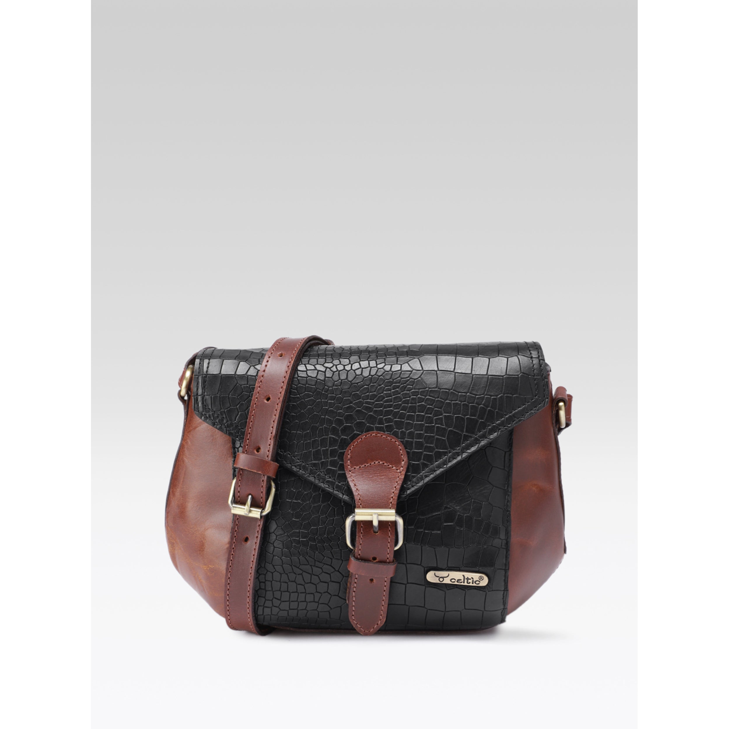 Women Leather Crossbody Sling Bag Black and Brown Croc Texture with Buckle Tab