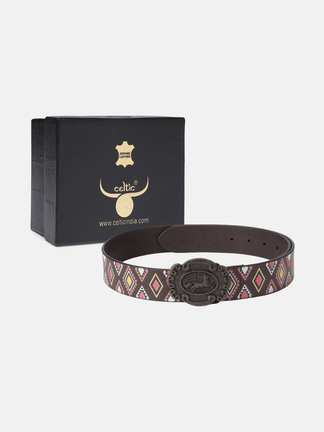 Unisex Tribal Patterned Leather Belt With Antique Medallion Buckle For Casual Western Wear