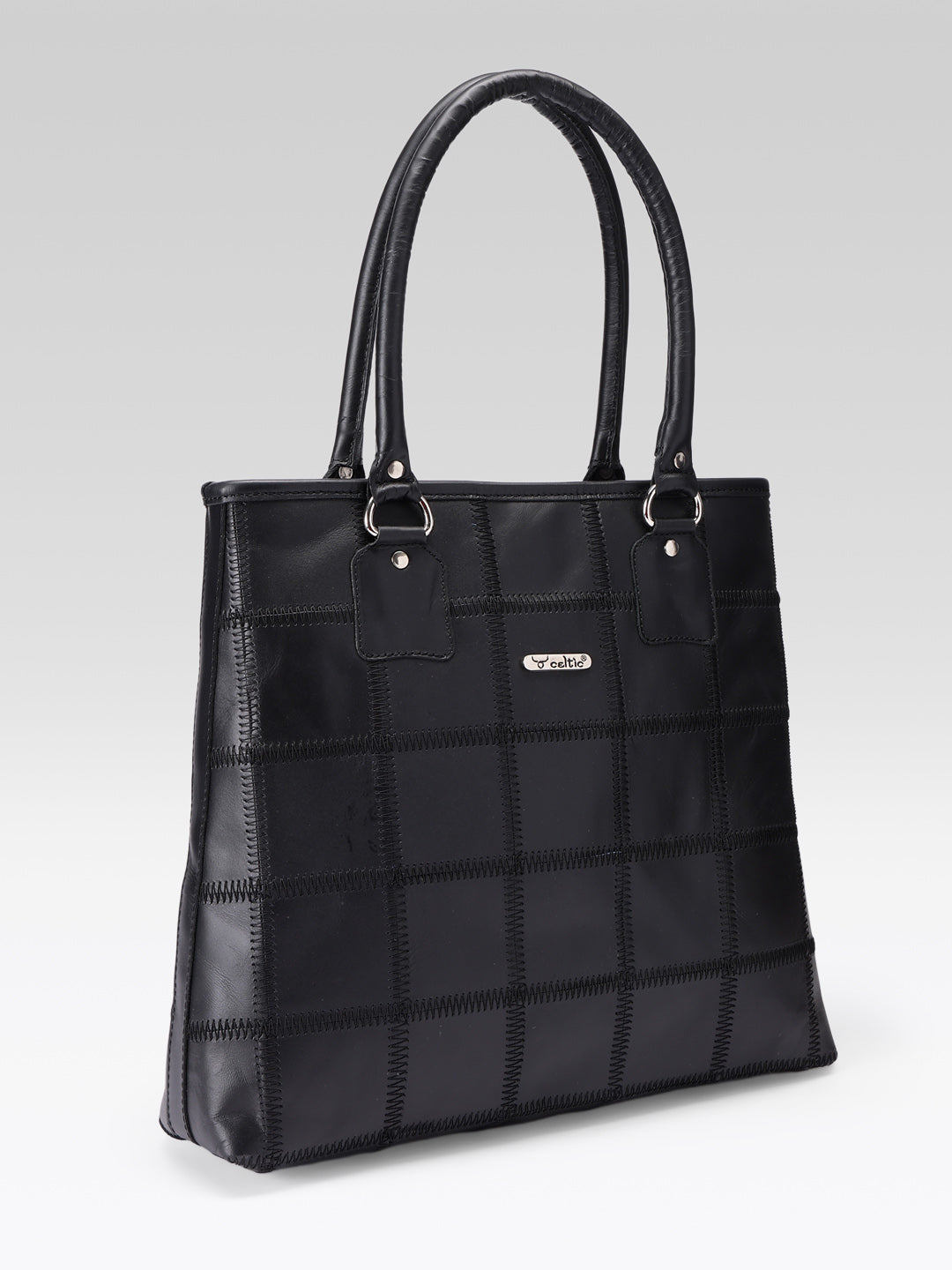 Women Black Leather Tote Bag with Patchwork Design and Spacious Interior
