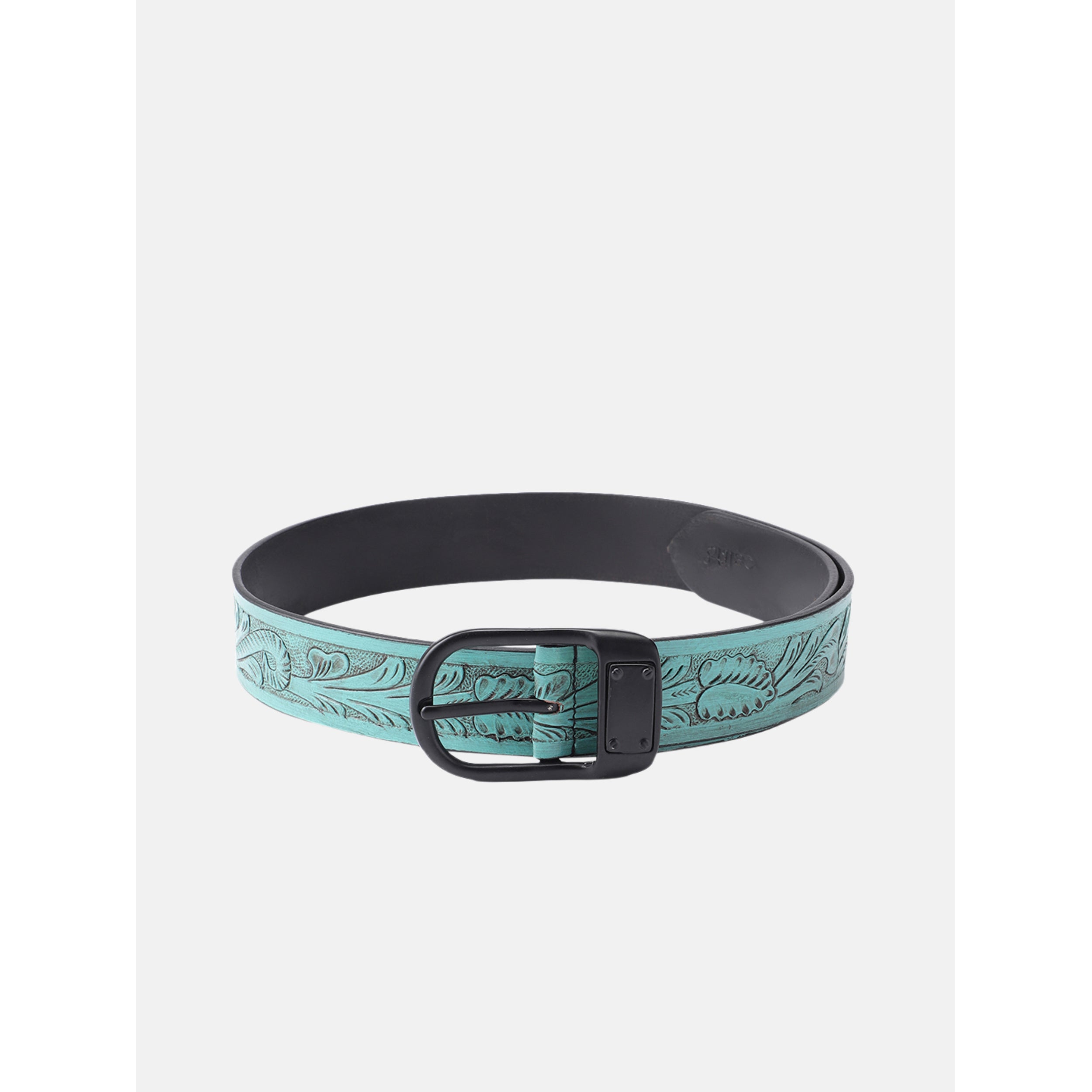 Unisex Genuine Leather Embossed Turquoise Floral Western Waist Accessory Black Buckle