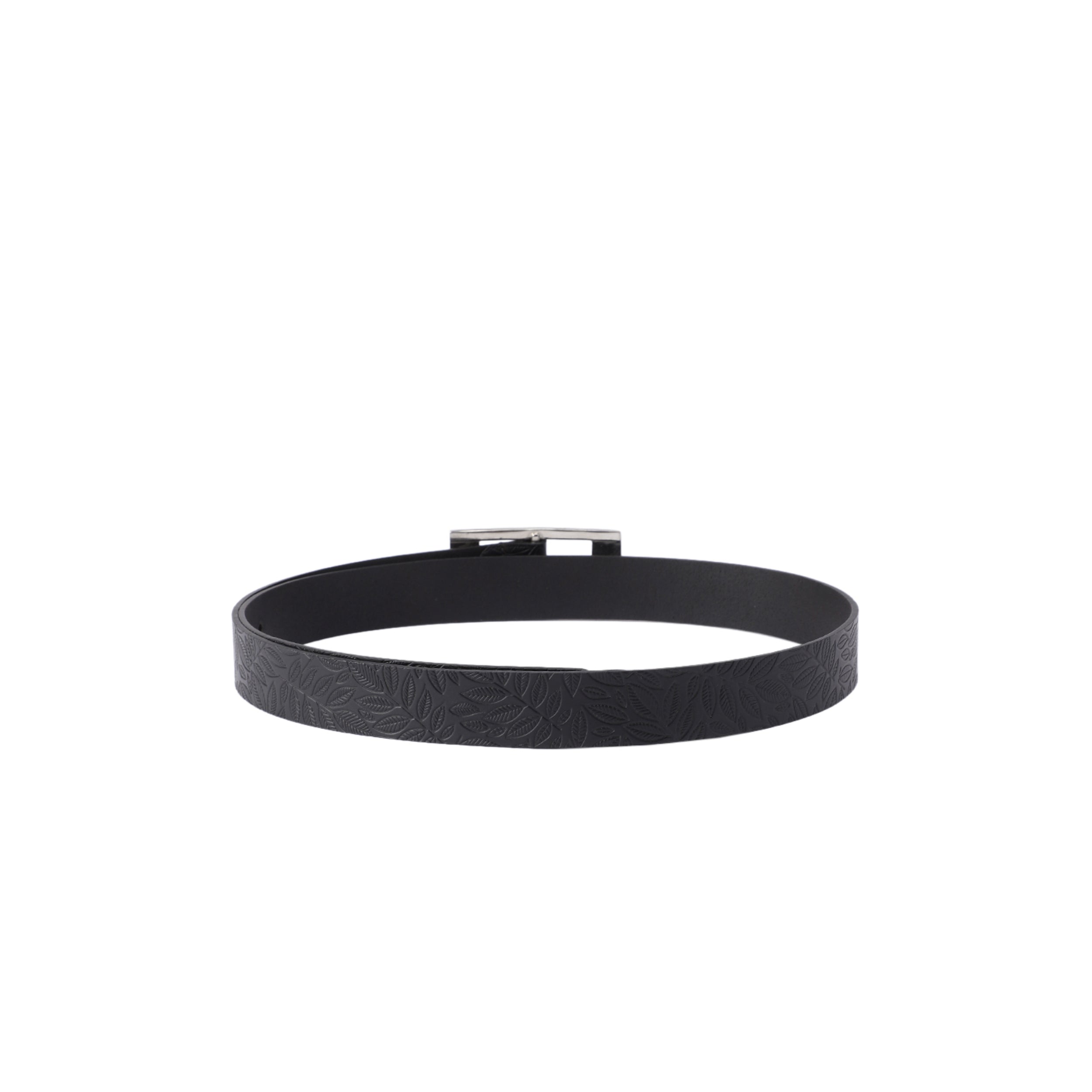 Unisex Black Embossed Leather Belt with Sleek Silver Buckle  Leaf Pattern Design