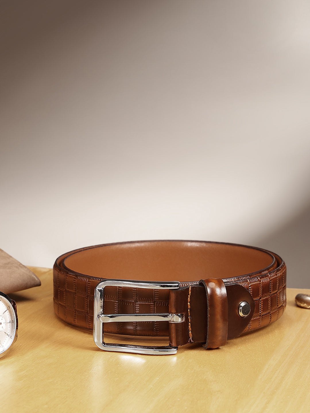 Men Olive Textured Leather Belt With Vertical Stripe Pattern And Classic Metal Buckle