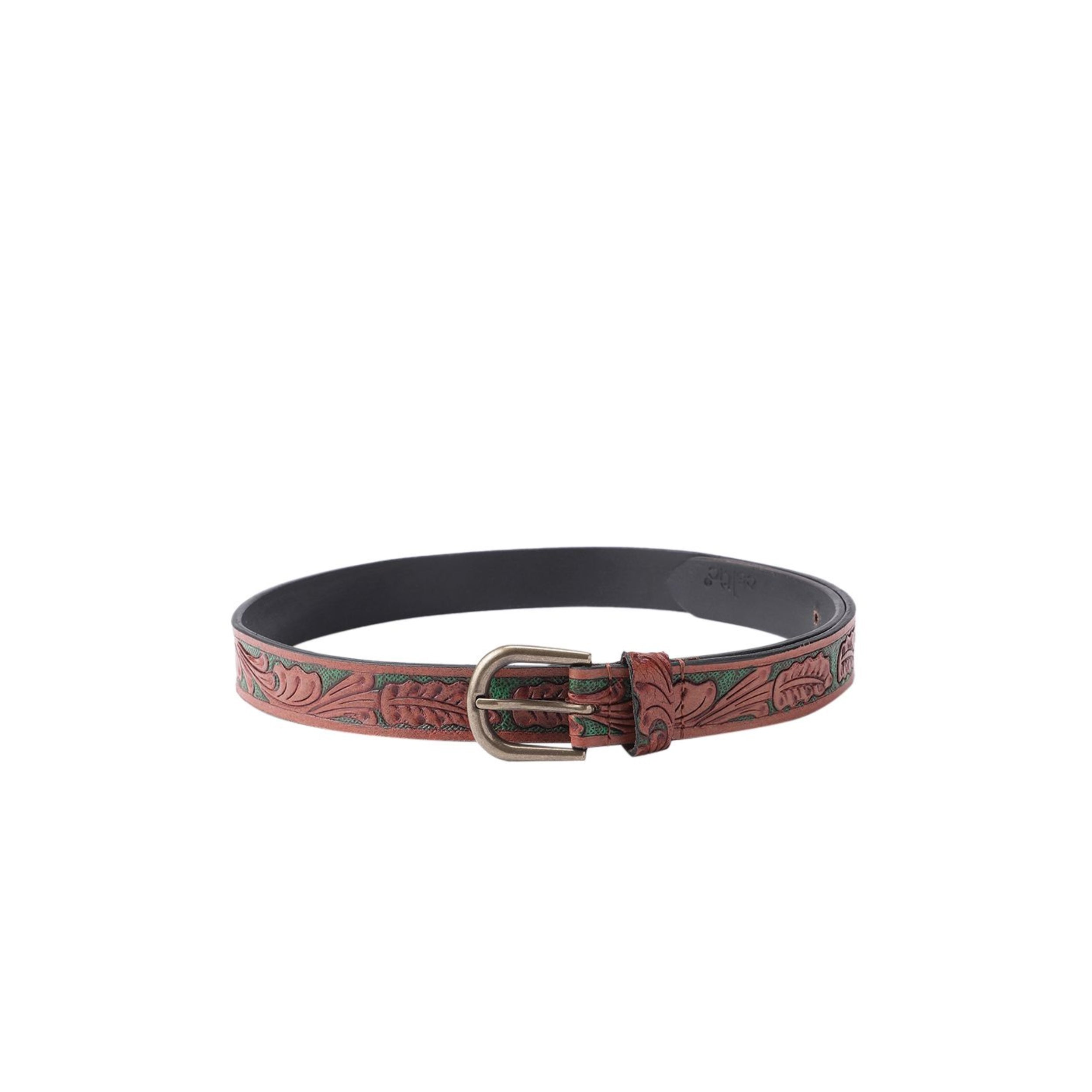 Woman Handcrafted Brown Leather Belt With Leaf Tooling And Polished Silver Buckle
