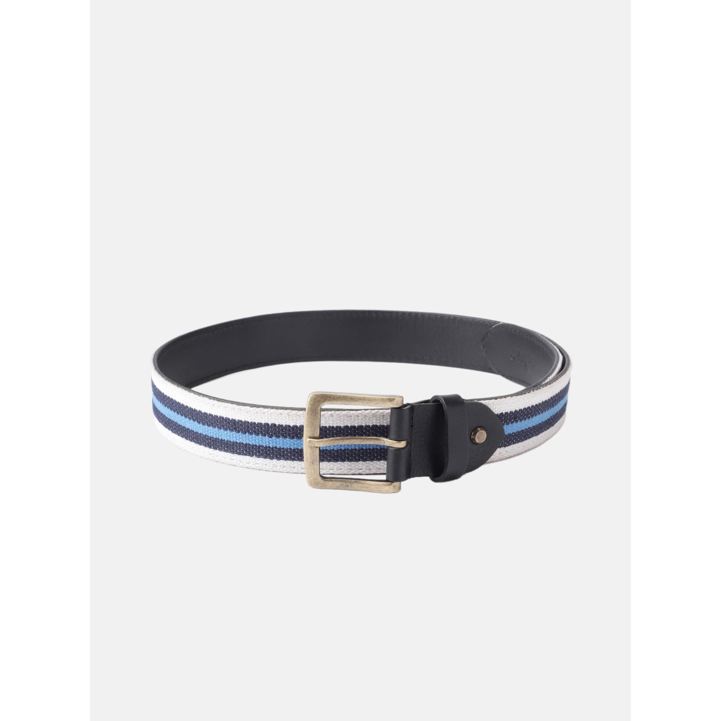 Unisex Genuine Leather Canvas Blue White Striped Waist Accessory Brass Buckle Casual