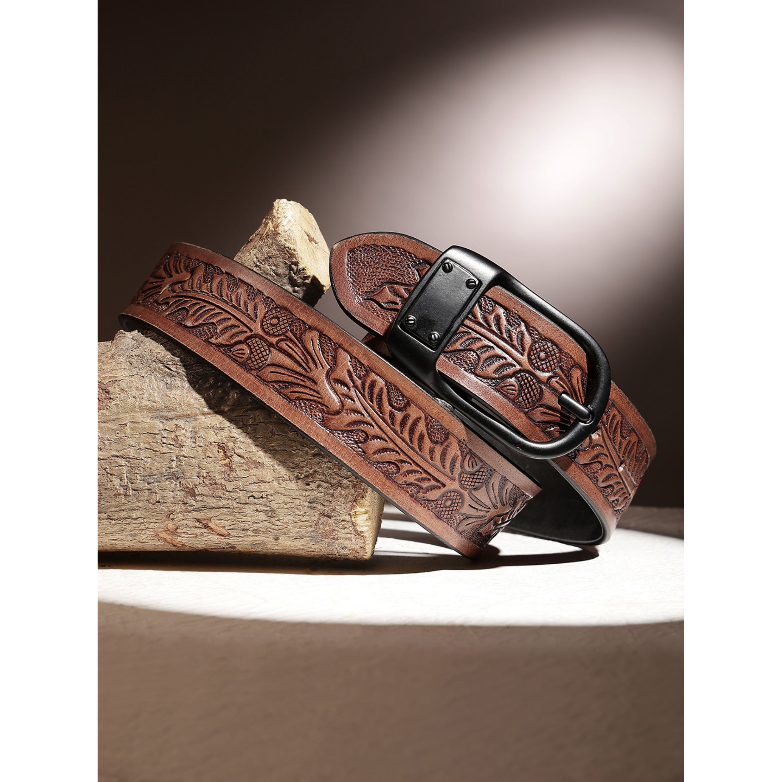 Premium Genuine Leather Embossed Brown Western Waist Accessory Matte Black Buckle
