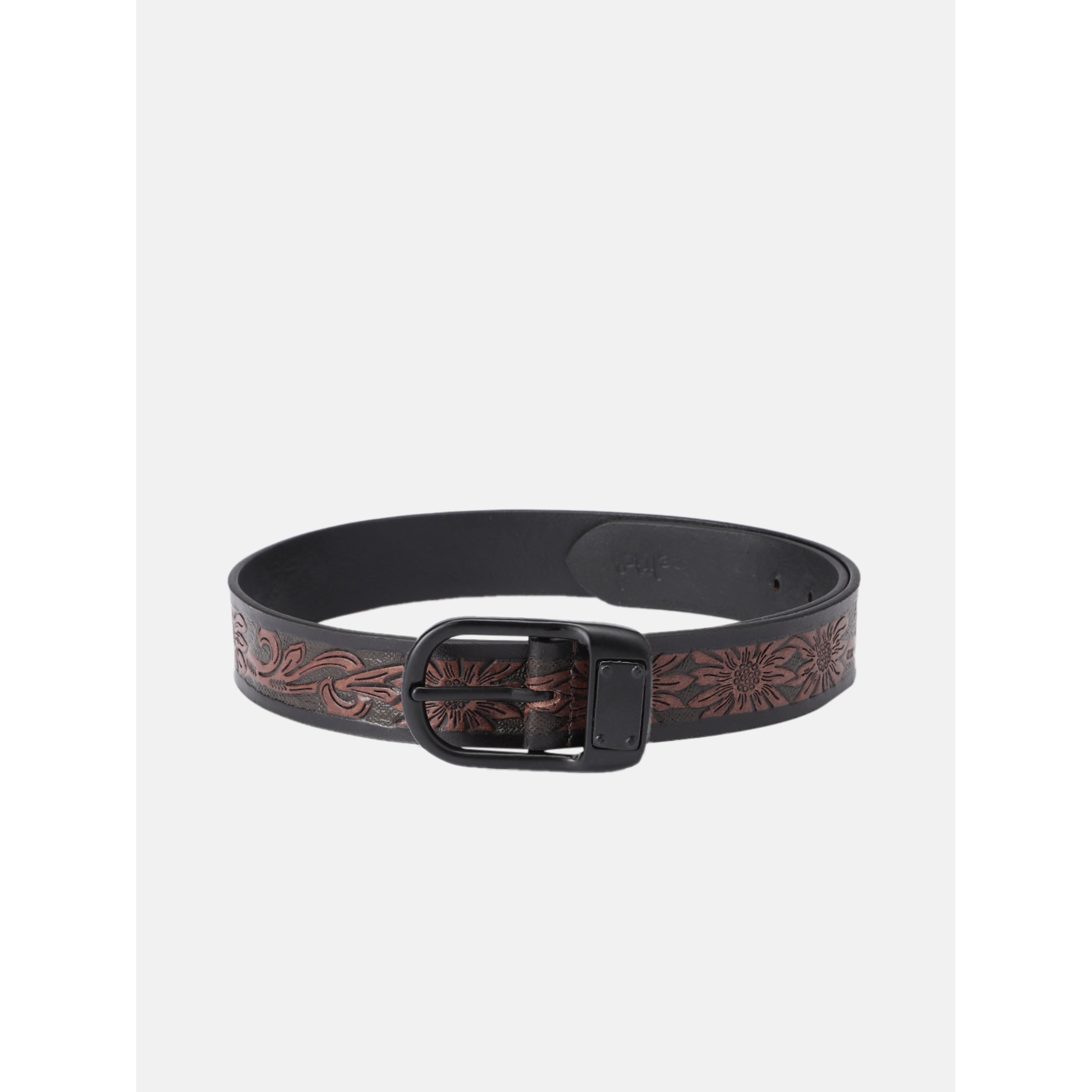 Unisex Genuine Leather Floral Embossed Brown Waist Accessory Matte Black Buckle