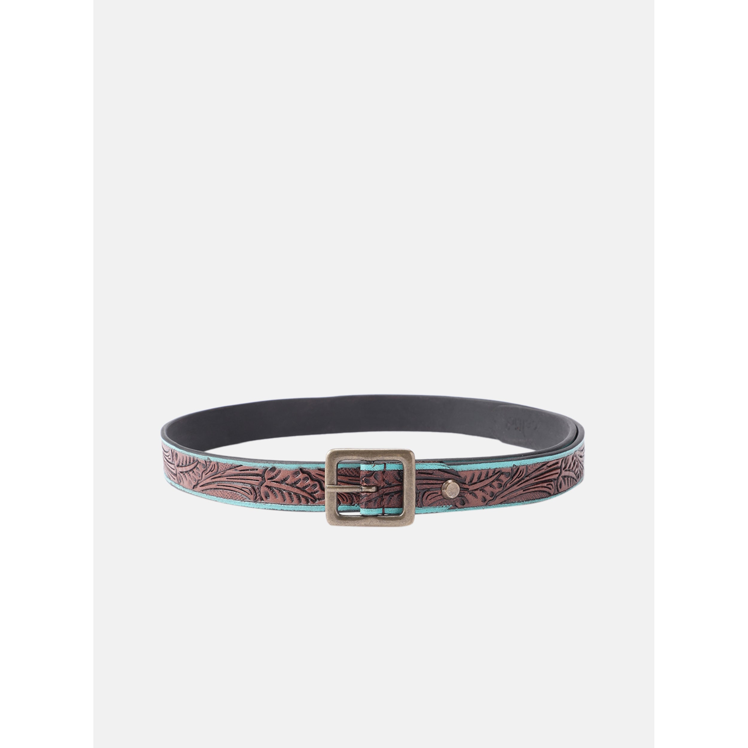 Unisex Genuine Leather Embossed Brown Turquoise Floral Western Waist Accessory Brass Buckle