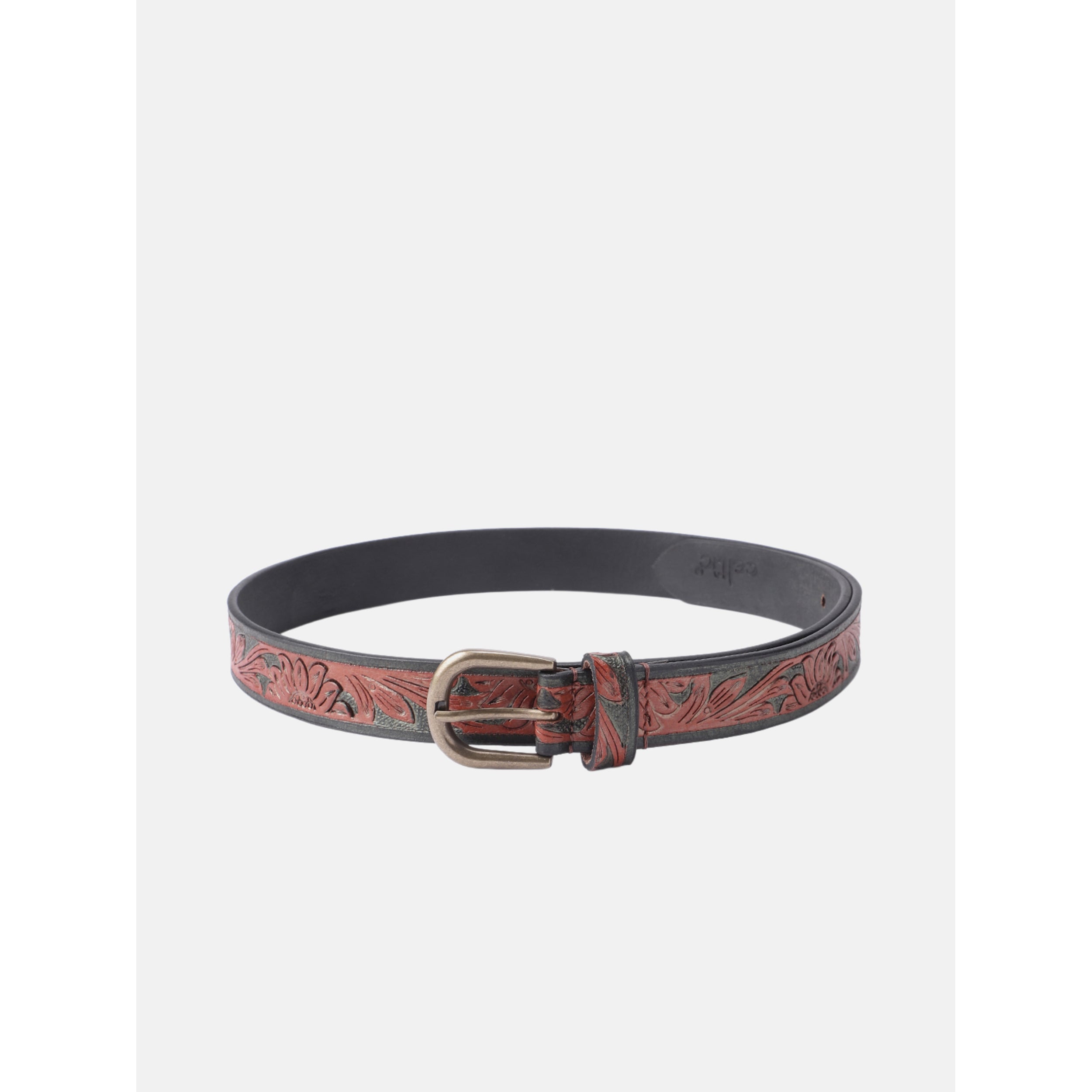 Unnisex Handcrafted Floral Embossed Leather Belt With Antique Brass Buckle For Casual Wear