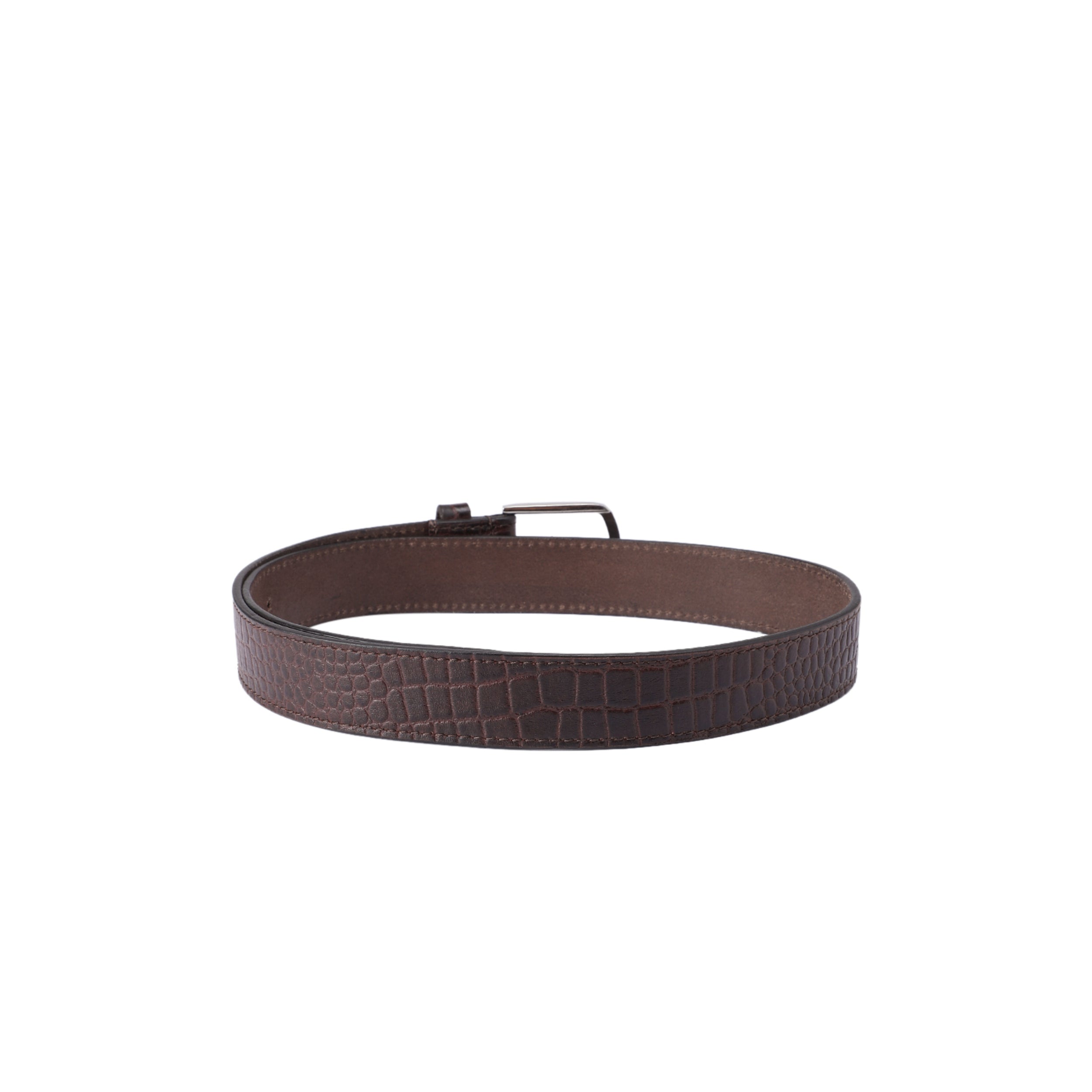 Unisex Croc Texture Brown Leather Belt with Polished Metal Buckle Stylish Wear