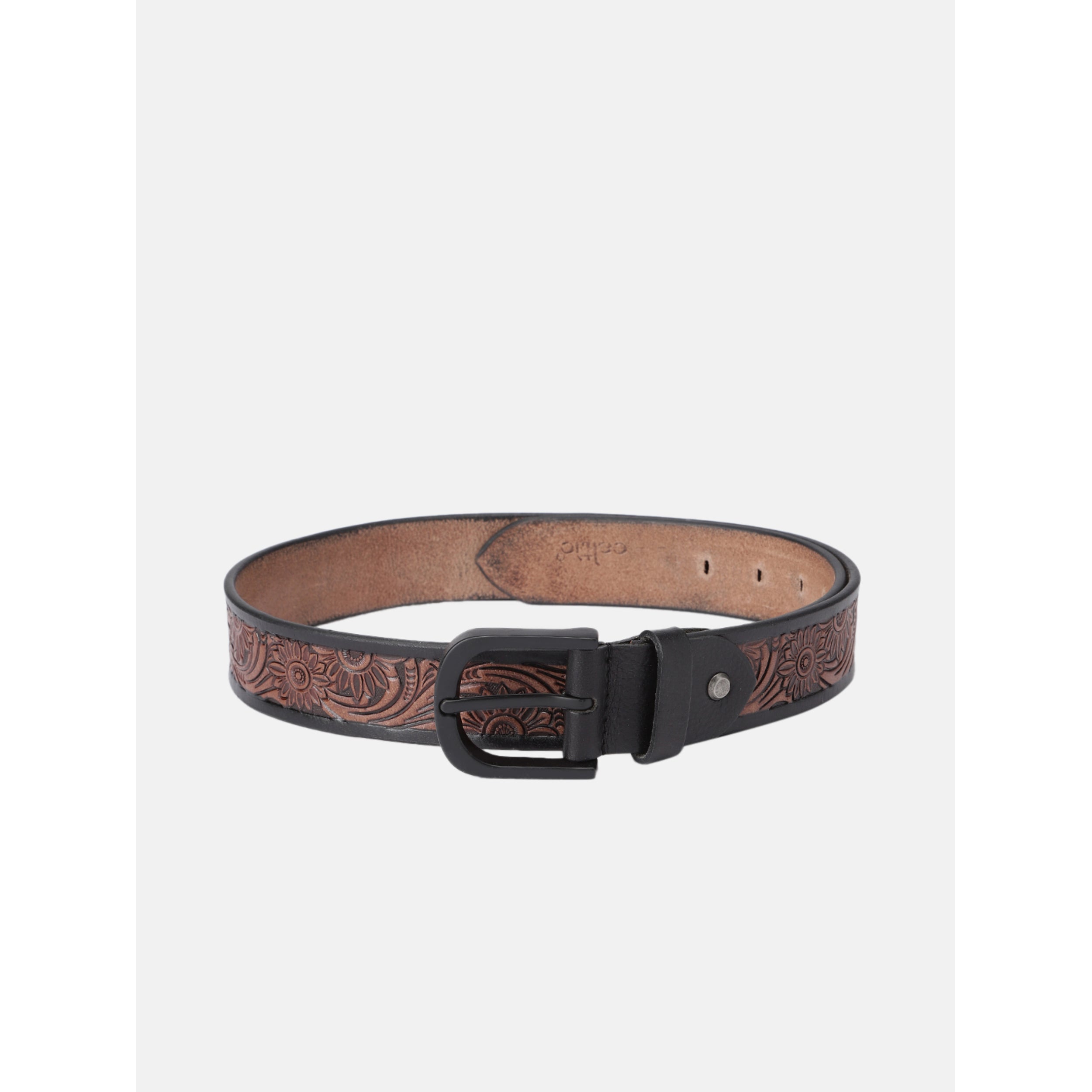 Unisex Genuine Leather Floral Embossed Brown Waist Accessory Matte Black Buckle
