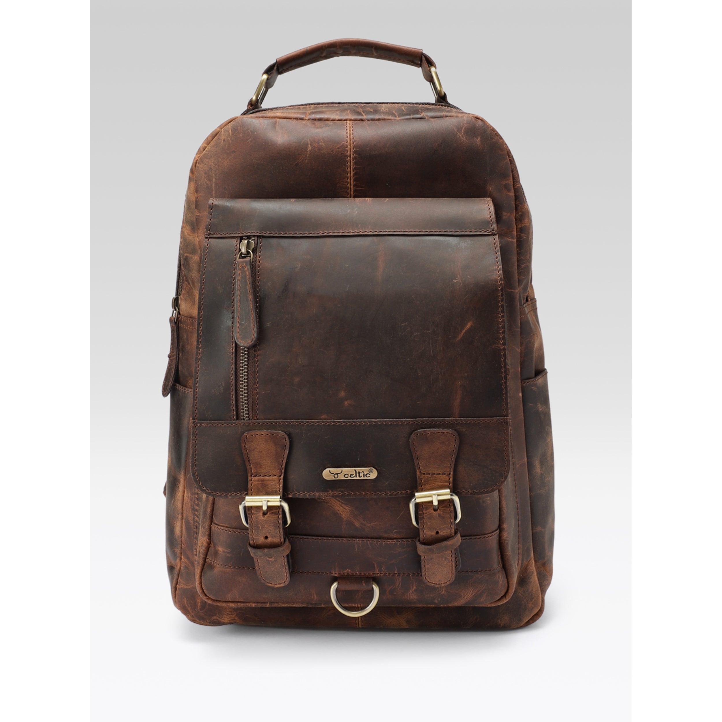 Premium Genuine Leather Backpack with Front Zip Pocket & Padded Shoulder Straps
