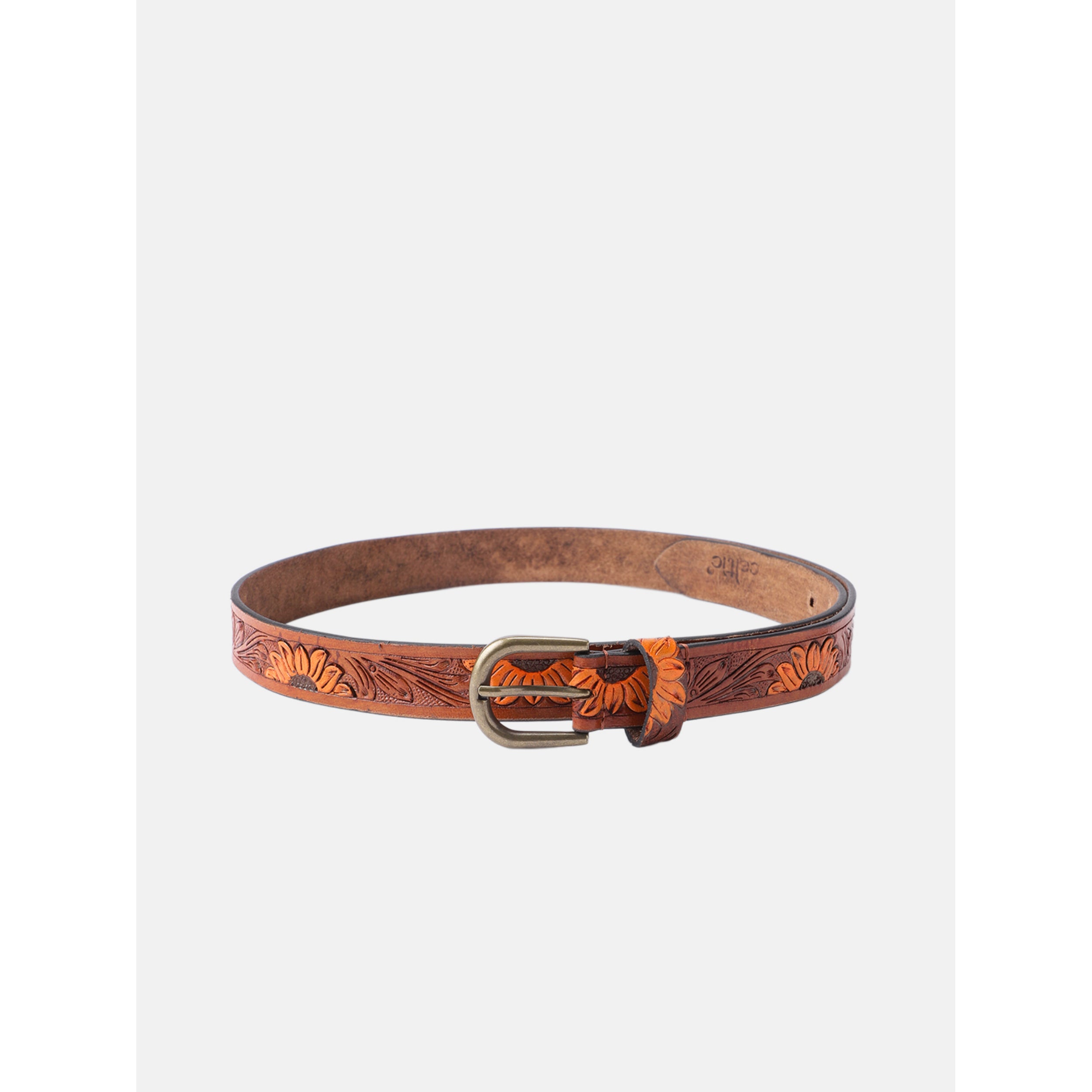 Genuine Leather Embossed Brown Orange Sunflower Western Waist Accessory Brass Buckle