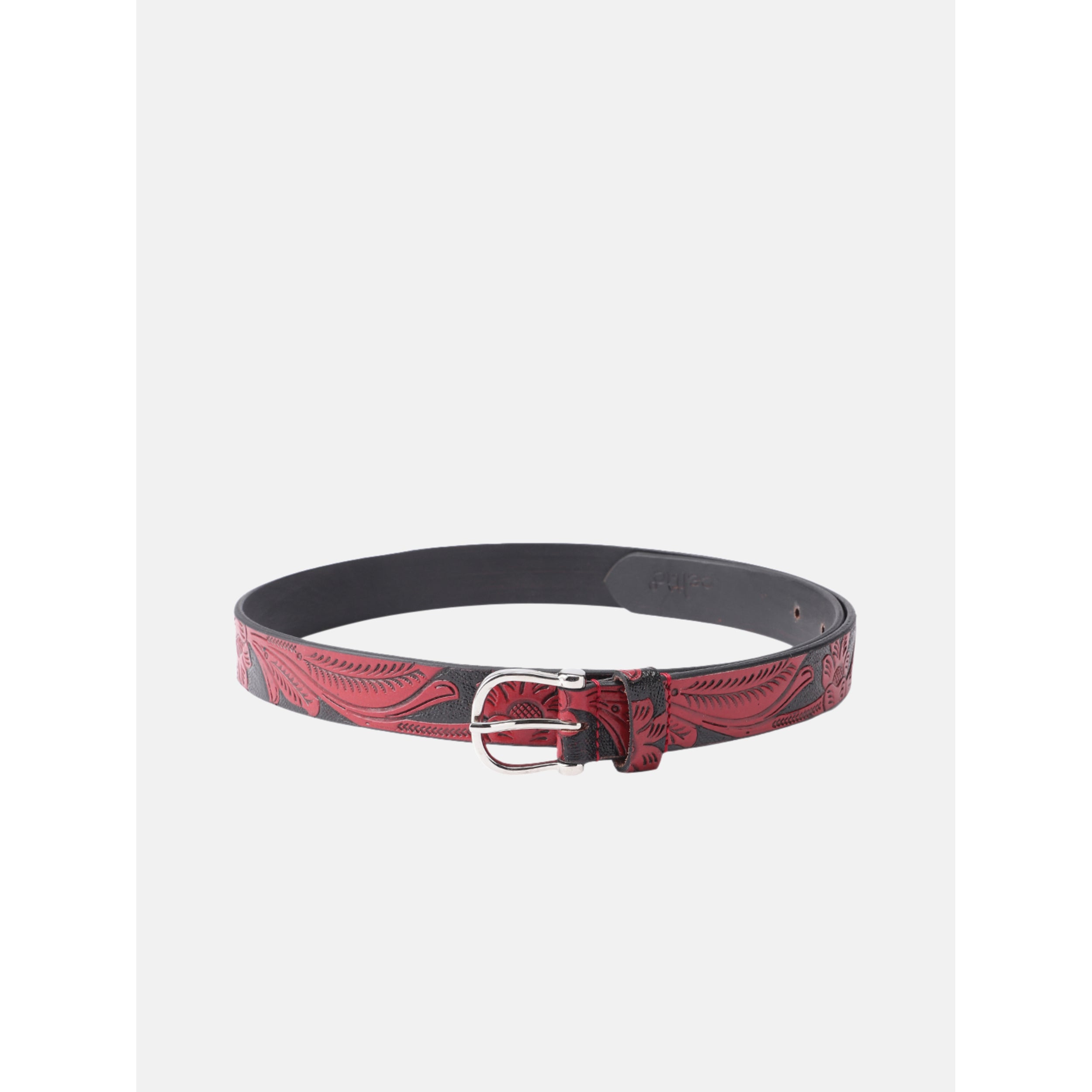 Premium Genuine Leather Red Leaf Embossed Western Casual Waistbelt Silver Buckle