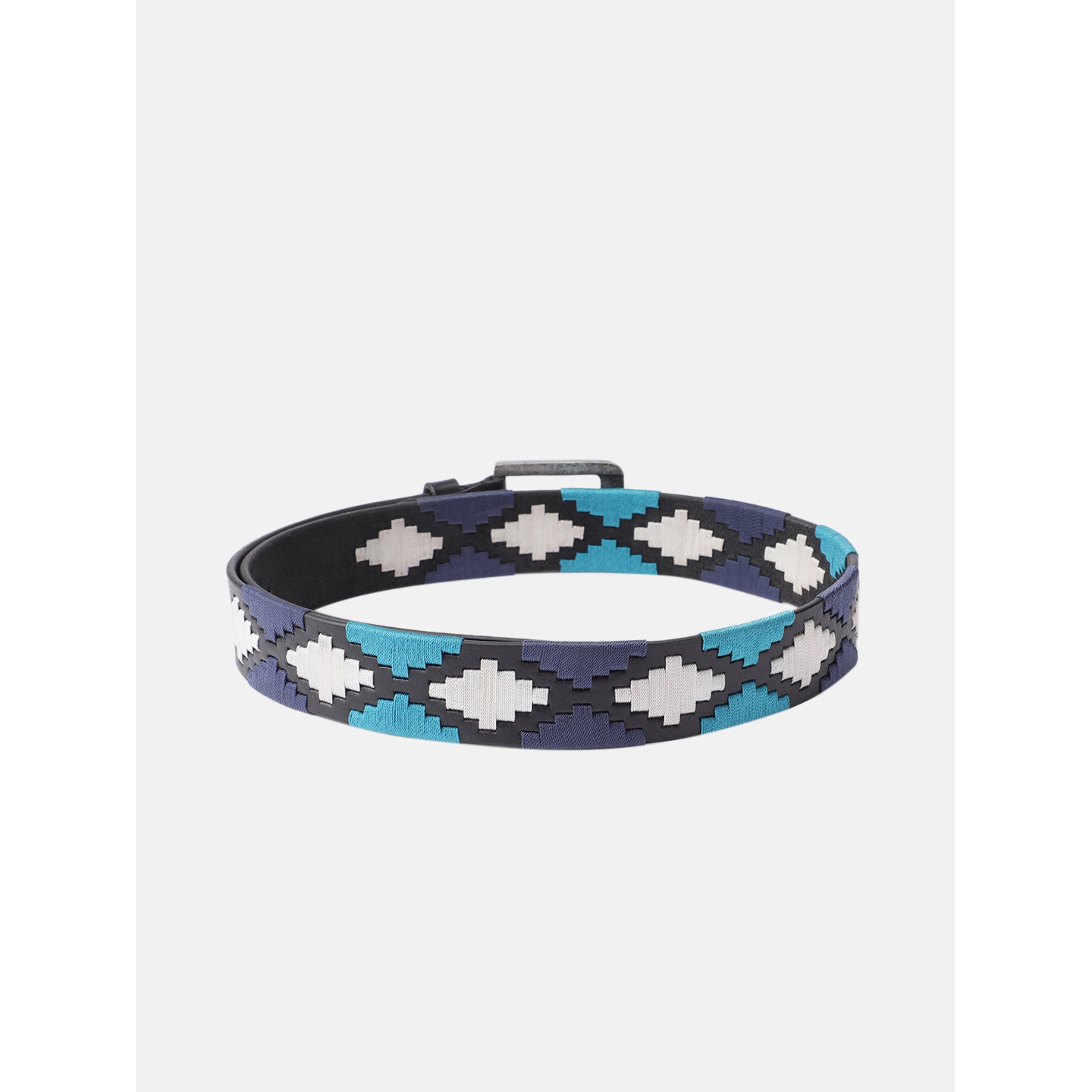 Unisex Handcrafted Leather Belt With Woven Blue White Pattern And Antique Silver Buckle