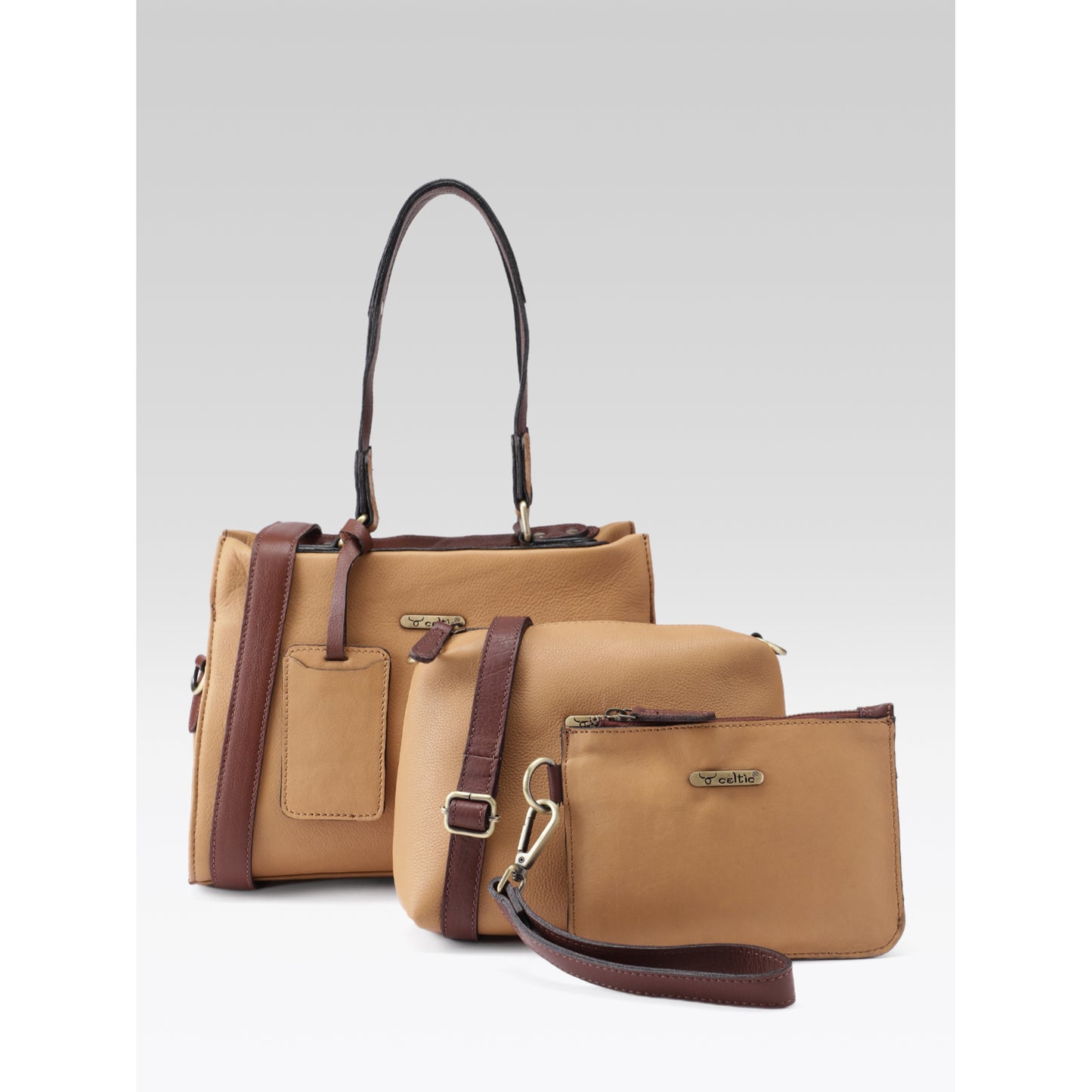 Premium Genuine Tan Leather 3-Piece Handbag Combo with Crossbody & Clutch