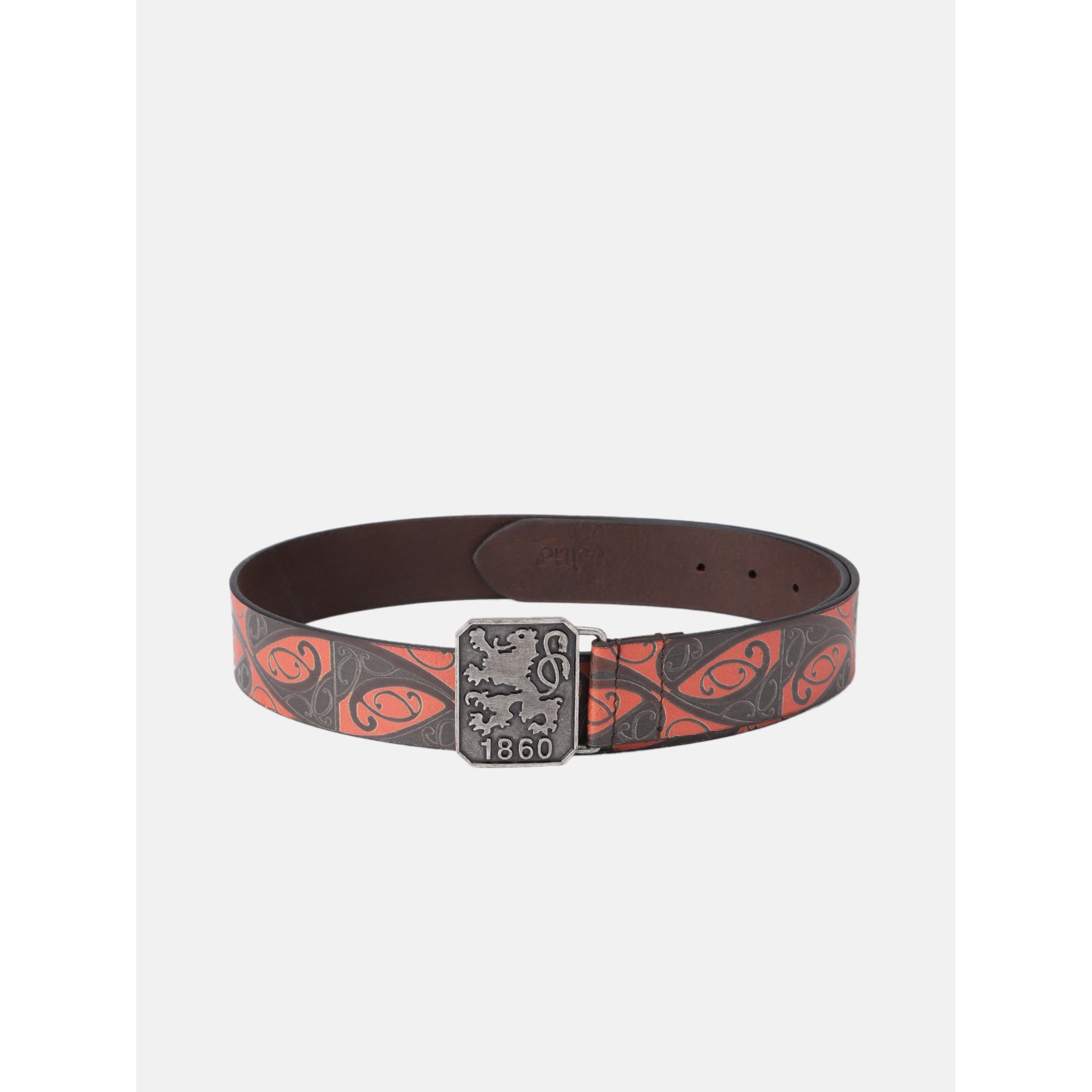 Men Genuine Leather Red Black Tribal Scroll Waist Belt with Antique Emblem Buckle