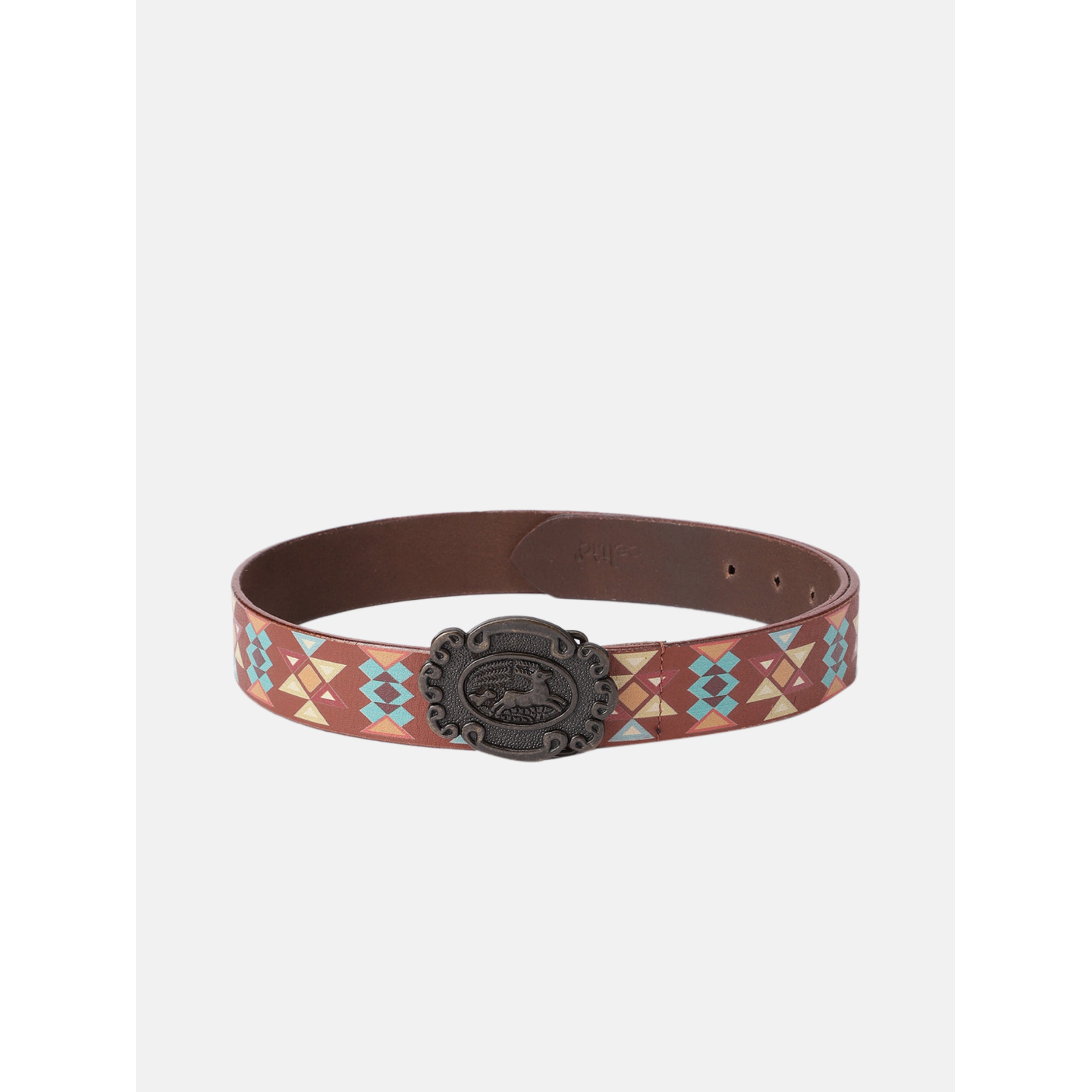 Unisex Aztec Pattern Leather Belt With Antique Buckle Handmade Ethnic Style Accessory.