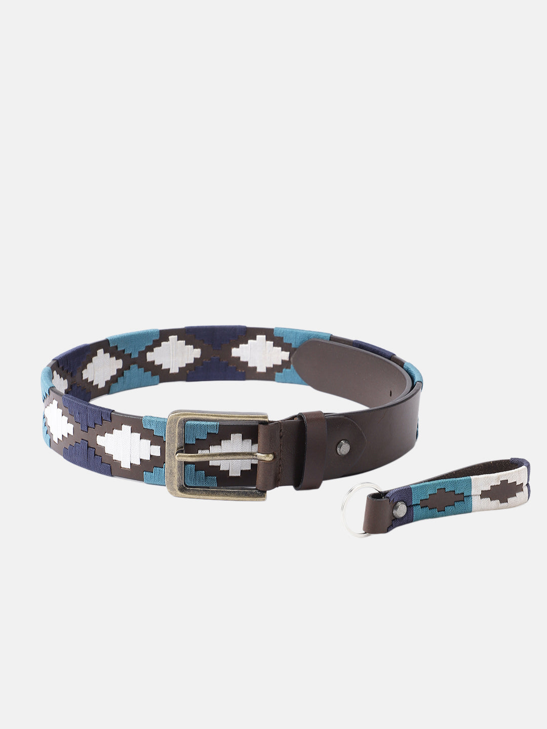 Premium Brown Leather Belt with Golden Buckle & Multi-Color Stitching.