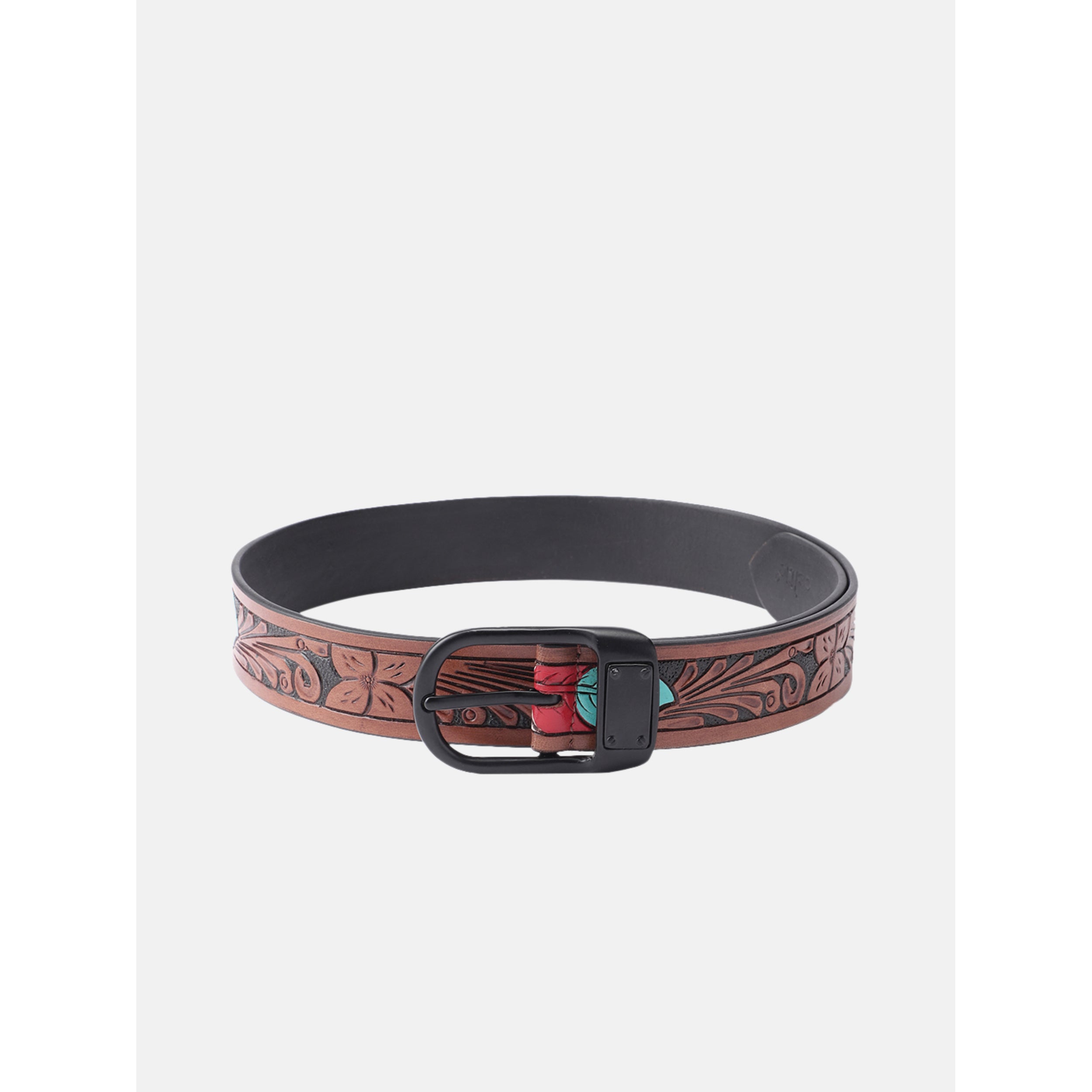 Unisex Genuine Leather Embossed Brown Feather Western Casual Waistbelt Matte Black Buckle