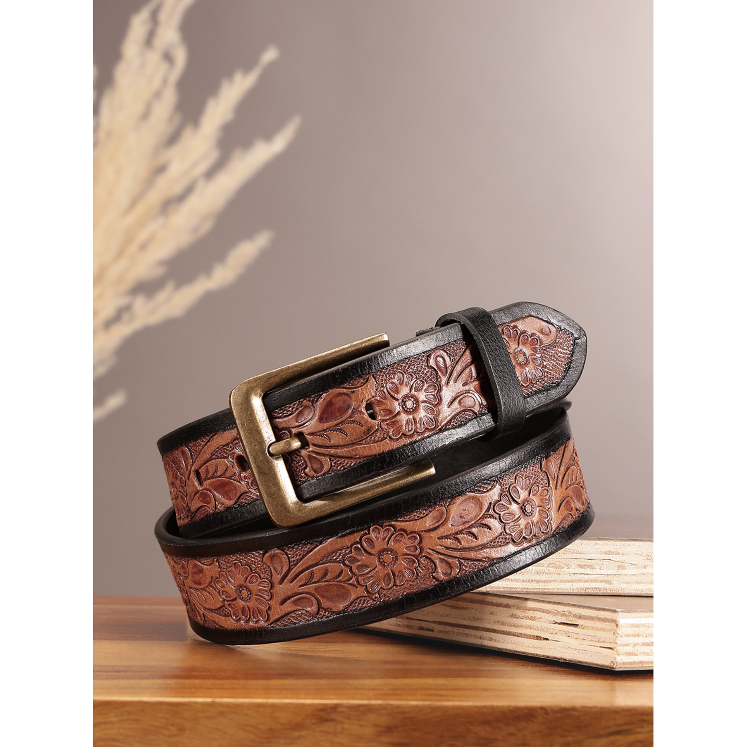 Unisex Genuine Leather Embossed Floral Brown Waist Accessory Antique Metal Buckle