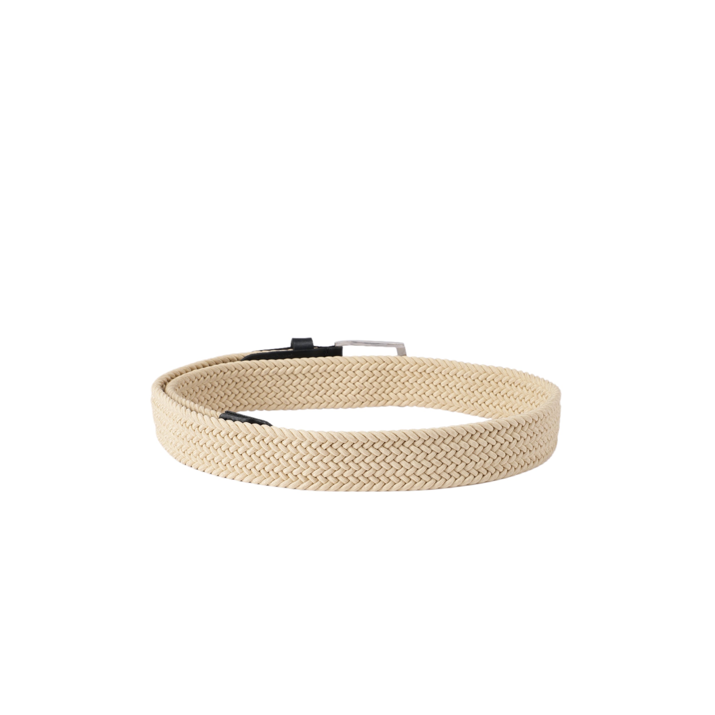 Unisex Woven Beige Belt With Black Leather Tip Silver Buckle Casual Formal Wear
