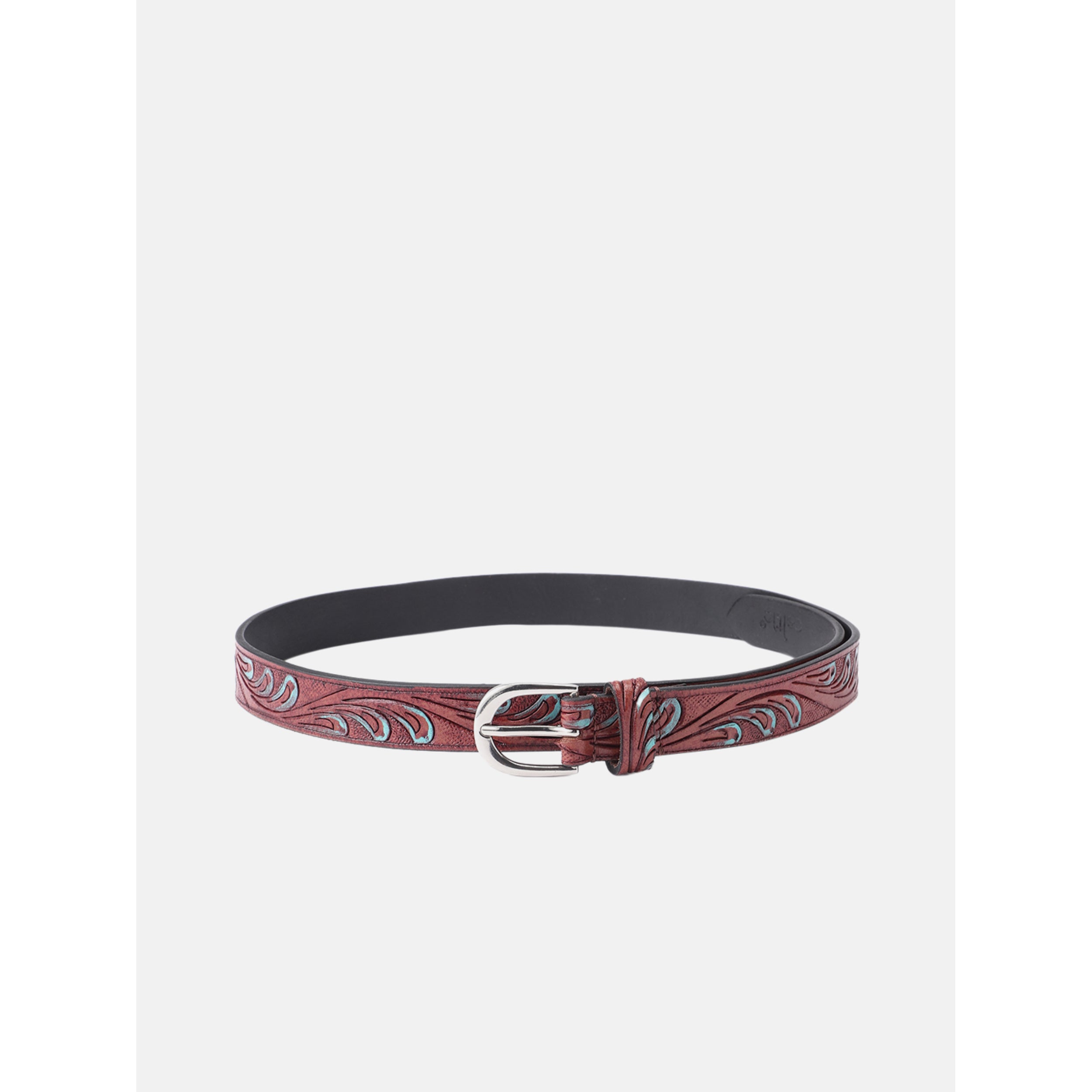 Premium Handcrafted Brown Tooled Leather Waistbelt Turquoise Inlay Vintage Buckle