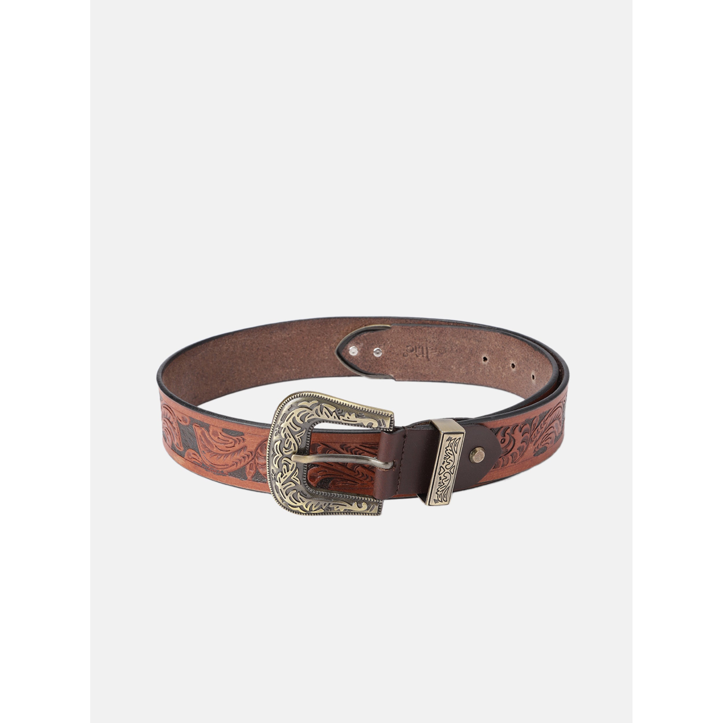 Men Genuine Leather Embossed Brown Western Waist Accessory Ornate Buckle Tip